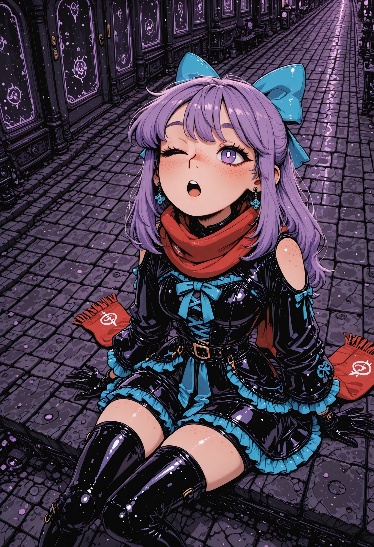 [NewToonCore],girl,freckles,dynamic pose,, purple hair, sidelocks, blue bow, white pupils, ;o, eyelashes, narrow waist, red scarf, earrings, latex frilled dress, shoulder cutouts, shorts under dress, black thigh boots, black gloves, yokozuwari sitting, (from above:0.8), (street:0.4), (balcony:0.1), bedroom, dark theme, [sunburst background:drama layer:0.2], masterpiece, best quality, amazing quality, very aesthetic, absurdres,