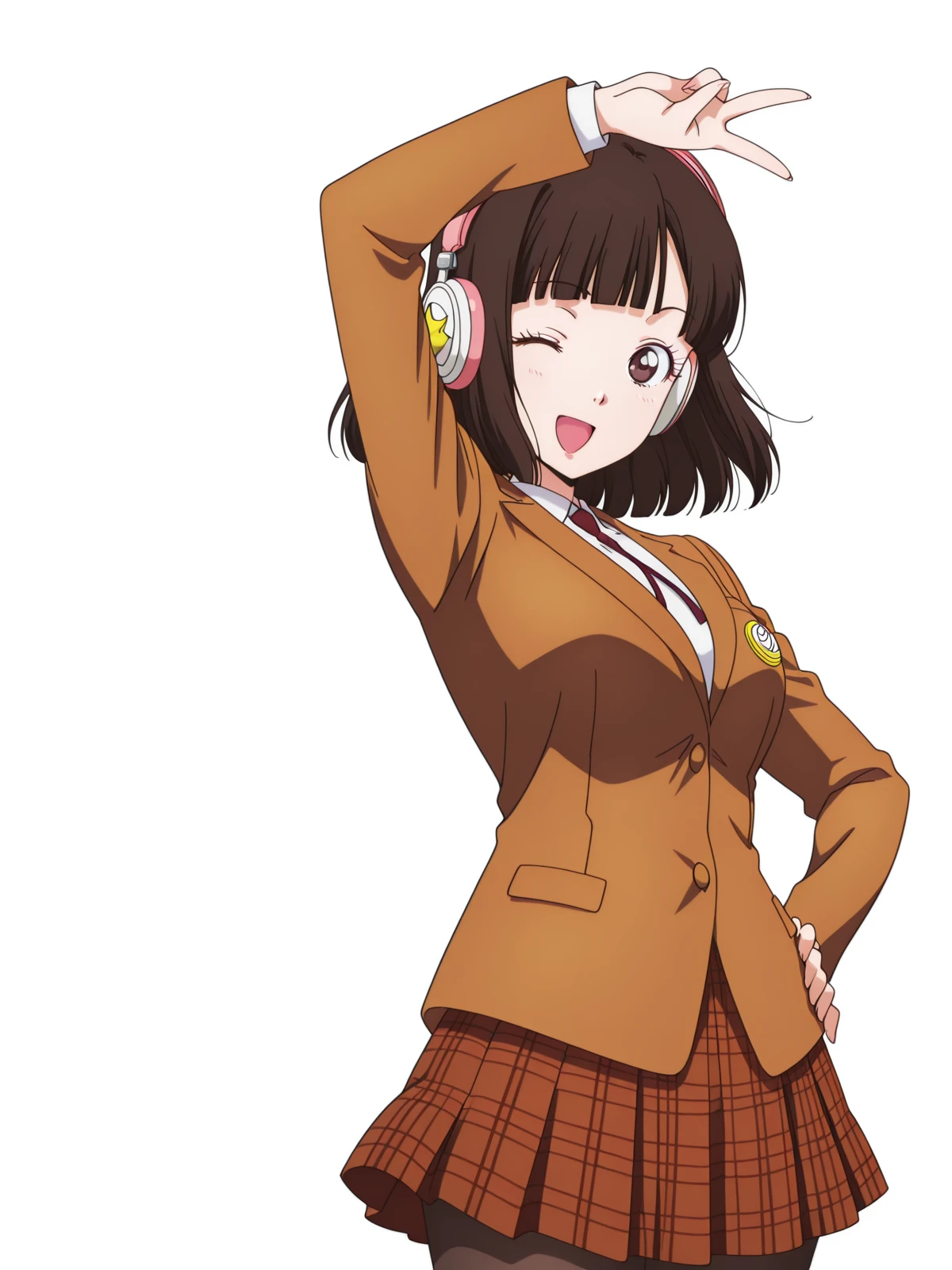 masterpiece, best quality, amazing quality,, <lora:chiyo-kurihara-s1-illustriousxl-lora-nochekaiser:1>, chiyo kurihara, brown hair, brown eyes, short hair, bangs, blunt bangs, mature female, medium breasts, anime screencap, skirt, jacket, pantyhose, plaid, plaid skirt, blazer,, <lora:sailoormoon-pose-illustriousxl-lora-nochekaiser:1>, sailormoon pose, solo, smile, open mouth, one eye closed, arm up, hand on own hip, v, ;d,, music store, browsing records, headphones, vinyl collection, nostalgic, cowboy shot, solo, looking at viewer, <lora:transparent-background-illustriousxl-lora-nochekaiser:1>, transparent background, simple background, white background