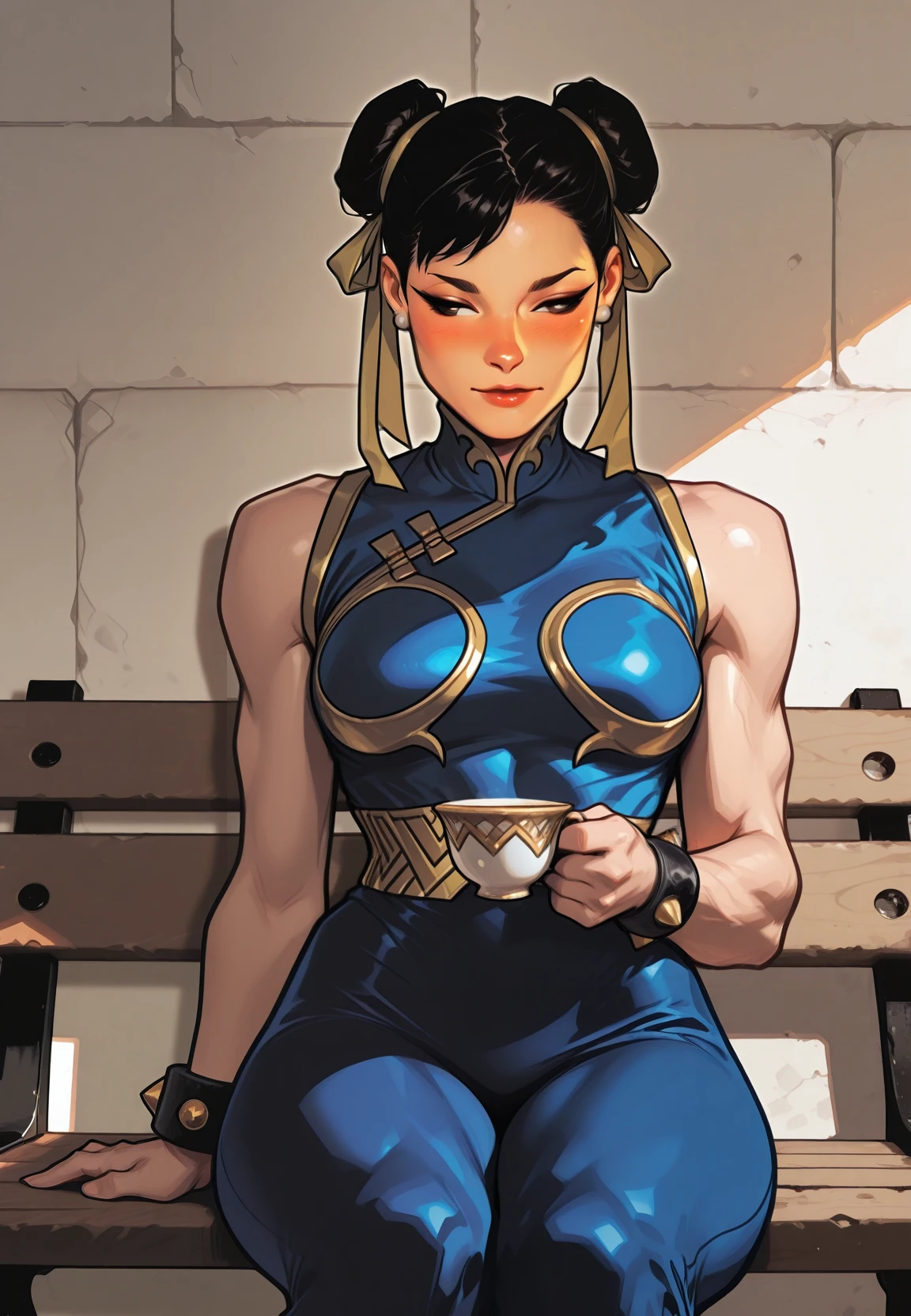 embedding:Stable_Yogis_PDXL_Positives, embedding:Stable_Yogis_PDXL_Positives2, embedding:lazypos, embedding:cr1sp, 1girl, athletic body, toned, small waist, Chun-Li, wearing casual Chinese dress, sitting on bench with teacup, looking away shyly, blushing cheeks, soft evening light, gentle atmosphere,masterpiece, best quality, very aesthetic, bold outlines, strong shadows, high contrast, crisp lines, detailed, intricate, ultra detailed, vibrant, smooth gradients, subtle shadows, professional, high-resolution, perfect lighting, solo, depth, complex lighting, ultra detailed
,,