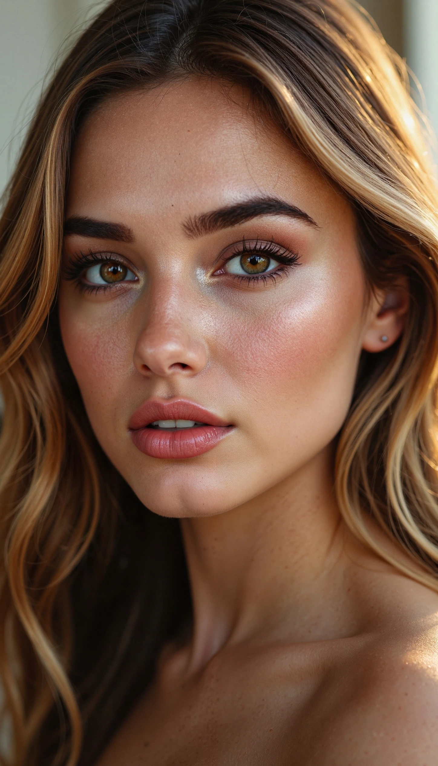 Photorealistic editorial commercial magazine portrait, realistic skin texture, natural makeup, emphasis on eyes, soft lighting, warm tones, blush, lip gloss, long wavy hair, golden glare, professional photography, using the High-End retouch technique, imitation of shooting on the Canon Eos 5d Mark IV camera with a lension of 85mm F/1.2L USM, detailing with Topaz Sharpen AI, General aesthetics editorial beauty magazine, emphasis on beauty and natural
