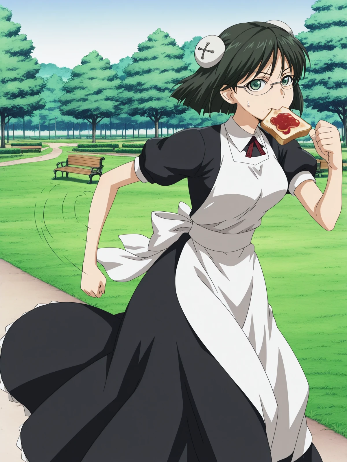 masterpiece, best quality, amazing quality,, <lora:kaibutsuoujo-francisca-s1-illustriousxl-lora-nochekaiser:1>, francisca, short hair, black hair, green eyes, green hair, glasses, bun cover, mature female, medium breasts, anime screencap, apron, maid,, <lora:food-in-mouth-running-illustriousxl-lora-nochekaiser:1>, food in mouth running, food in mouth, running, bread, bread slice, food, toast in mouth, toast, sweatdrop, motion lines, motion blur, outdoors, feet out of frame, from side, park, grass, benches, path, recreation, cowboy shot, solo, looking at viewer,