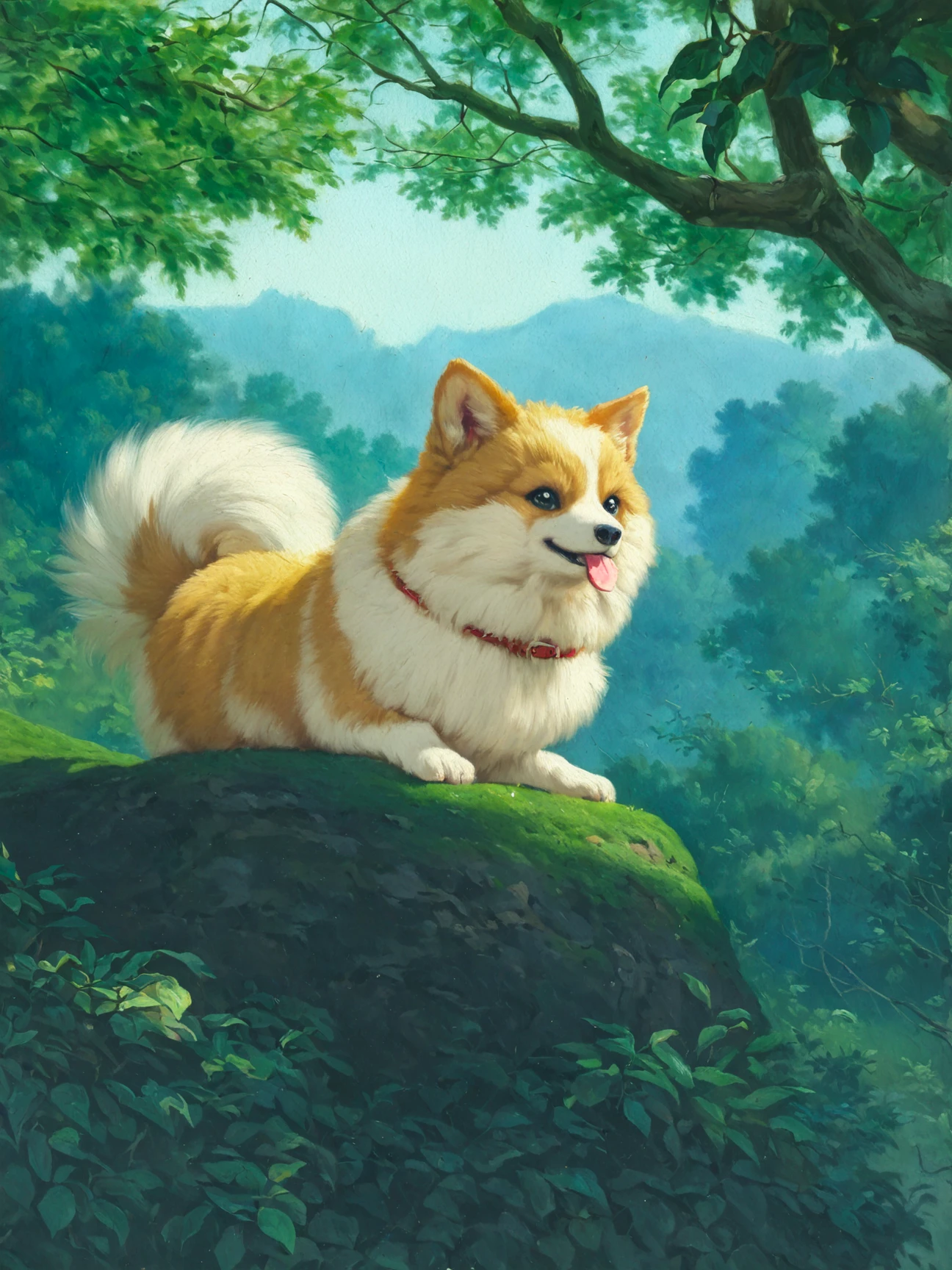 masterpiece, best quality, absurdres, highres, safe, white pomeranian \(dog\), solo, cute, nature, oil painting, traditional medium