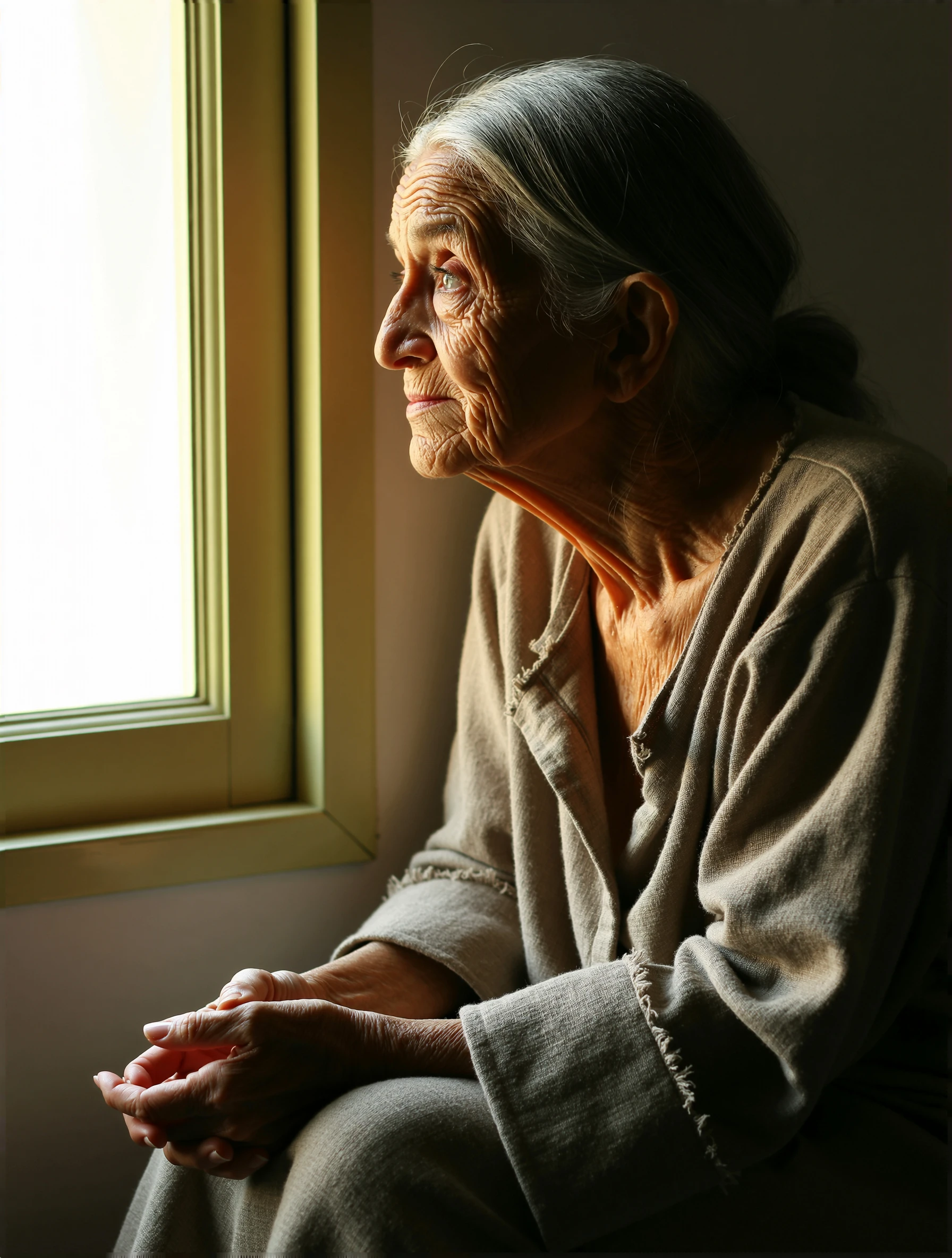The elderly woman sits with her hands folded in her lap, her face etched with a lifetime of stories. Her skin is a map of deep grooves and soft folds, each wrinkle a testament to years of laughter and hardship. Her eyes, crinkled at the corners, hold a quiet warmth that radiates from within, their depths flecked with silver like sunlight through dust. She wears a faded, hand-sewn robe of muted earth tonesâlinen worn smooth by time, its edges frayed but carefully mended. The fabric clings to her frame in loose folds, draped over her shoulders like a second skin. Her posture is relaxed, almost slouched, as if sheâs been waiting for someone to notice her for decades. A faint sheen of sweat beads at her brow, hinting at the heat of the day, while a faint mustiness lingers around her, like old parchment and dried lavender.
The camera hovers just inches from her face, capturing the intricate dance of light and shadow across her features. Her cheeks are flushed with a blush that suggests both age and vitality, the skin glistening under the soft glow of natural light spilling through a nearby window. The focus is razor-sharp on her eyes, which seem to hold galaxies within their depths, while the rest of her face blurs slightly into a haze of warmth and texture. Her hands, though not in frame, are hinted at by the loose sleeves of her robe, their fingers curled as if holding something unseen. The background is a blank canvas of neutral beige, allowing her presence to dominate without distraction. A faint breeze stirs the air, carrying the scent of aged wood and smoke, grounding the scene in a moment of quiet intimacy.
Rendered in high-resolution realism with a cinematic depth-of-field, the image feels like a snapshot pulled from memory. The lighting is soft yet deliberate, casting subtle highlights on her forehead and cheekbones to accentuate the play of light across her skin. Every pore, every fleck of dust on her robe, is rendered with clinical precision, as if the camera is peering through a microscope at the fragile beauty of aging. The atmosphere is thick with warmth and nostalgia, the kind that makes you want to reach out and touch her wrinkled hand. The photograph captures not just her physical presence but the weight of her existenceâa lifetime compressed into a single, unblinking moment.