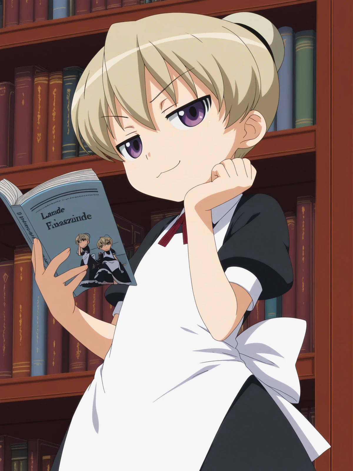 masterpiece, best quality, amazing quality,, <lora:kaibutsuoujo-flandre-s1-illustriousxl-lora-nochekaiser:1>, flandre, short hair, blonde hair, purple eyes, hair bun, anime screencap, apron, maid,, head rest, smug, library, books, shelves, reading, quiet, cowboy shot, solo, looking at viewer,