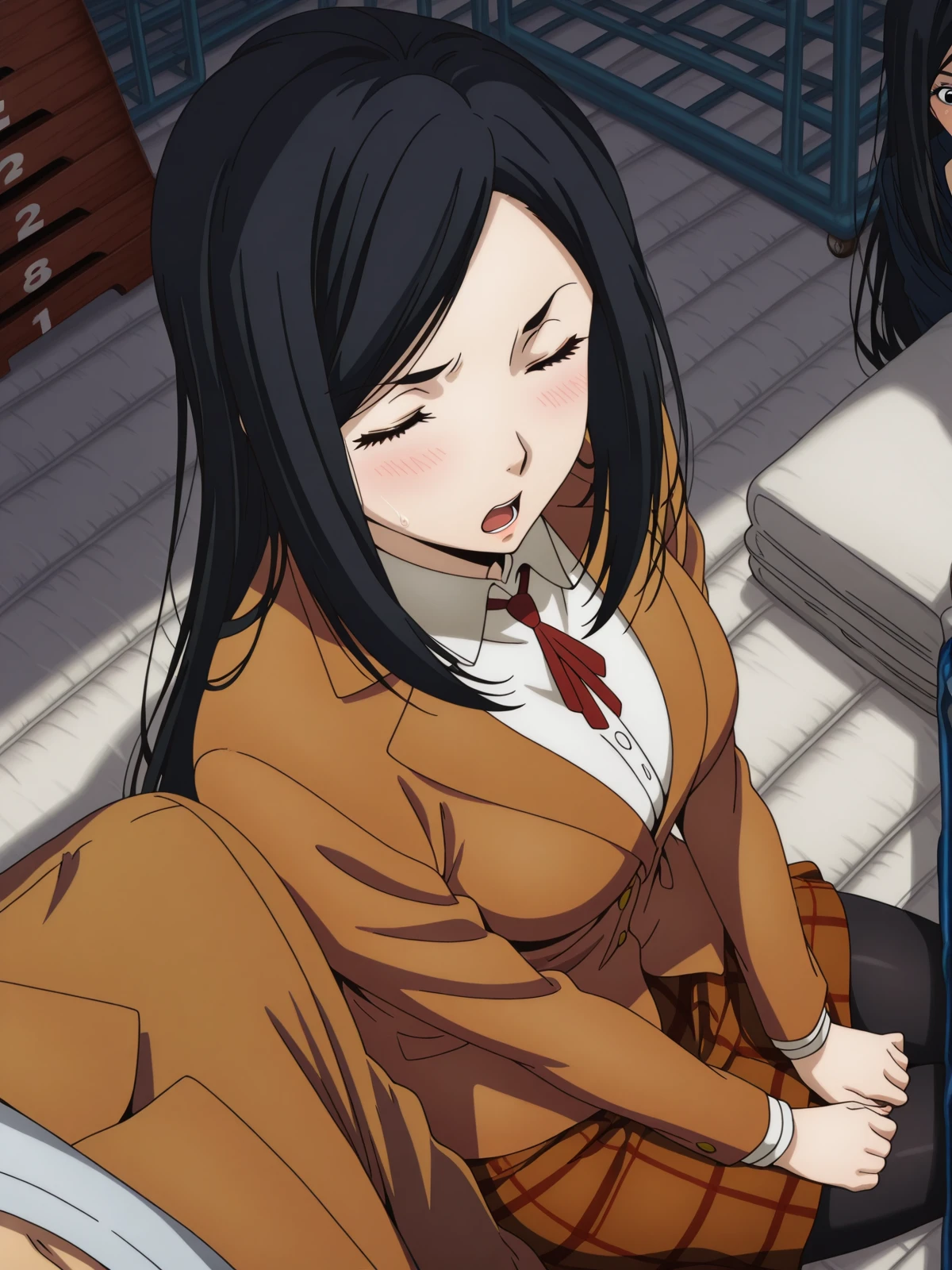 masterpiece, best quality, amazing quality,, <lora:mari-kurihara-s1-illustriousxl-lora-nochekaiser:1>, mari kurihara, long hair, black hair, black eyes, mature female, medium breasts, anime screencap, skirt, jacket, pantyhose, plaid, plaid skirt, blazer,, <lora:side-by-side-pov-illustriousxl-lora-nochekaiser:1>, side-by-side pov, side-by-side, pov, solo focus, 1boy, sitting, pov shoulder, blush, open mouth, sitting, closed eyes,, gym storeroom, equipment, supplies, cleaning, storage, cowboy shot, solo, looking at viewer,