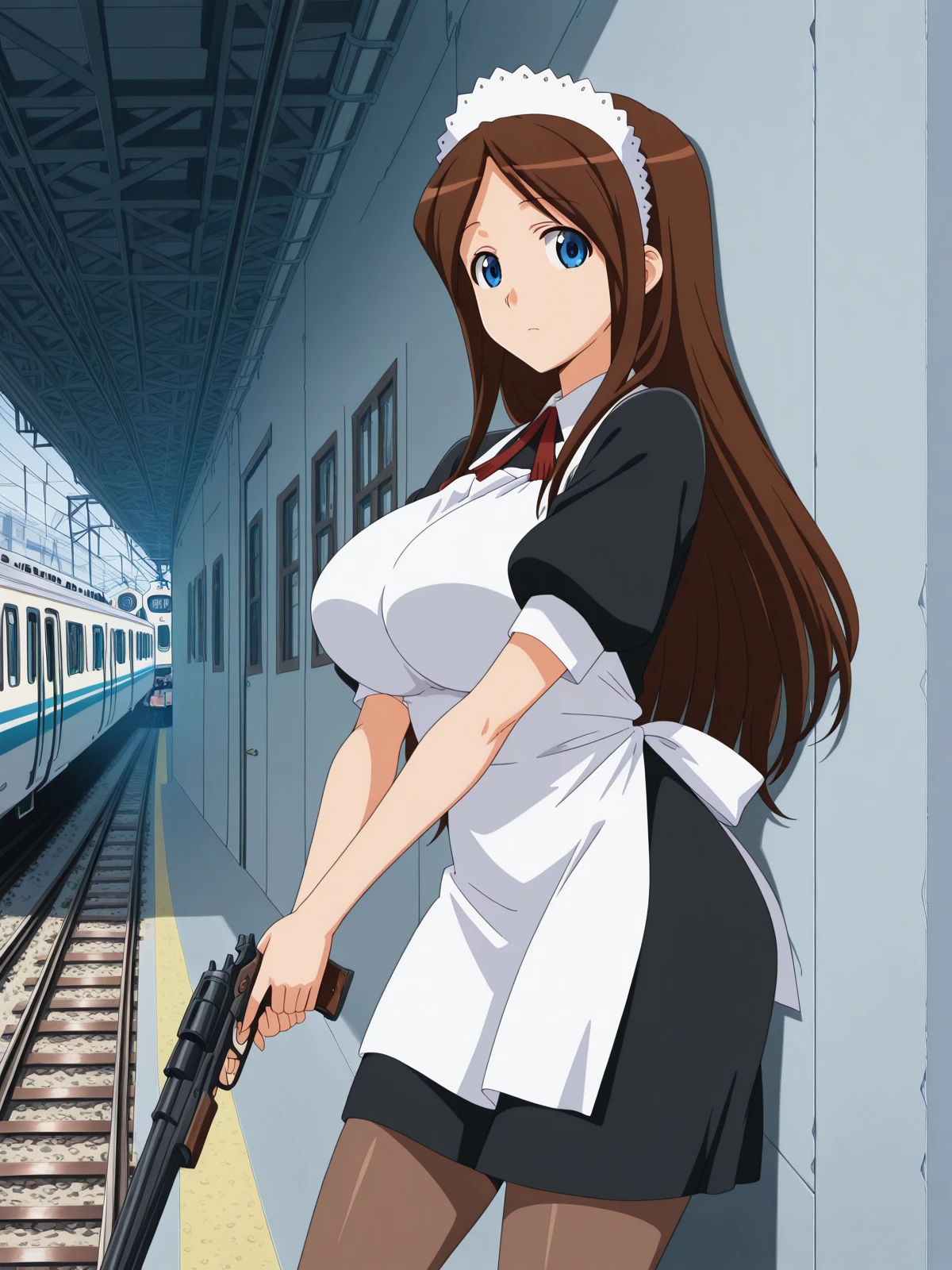 masterpiece, best quality, amazing quality,, <lora:sawawa-hiyorimi-s1-illustriousxl-lora-nochekaiser:1>, sawawa hiyorimi, long hair, brown hair, blue eyes, mature female, large breasts, anime screencap, pantyhose, apron, maid, maid headdress,, <lora:holding-gun-against-wall-illustriousxl-lora-nochekaiser:1>, holding gun against wall, solo, holding, closed mouth, standing, holding weapon, gun, holding gun, against wall, looking to the side, wall, cowboy shot,, railroad tracks, rails, train, journey, long, cowboy shot, solo, looking at viewer,