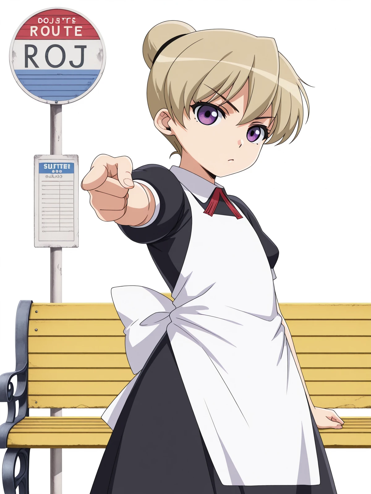 masterpiece, best quality, amazing quality,, <lora:kaibutsuoujo-flandre-s1-illustriousxl-lora-nochekaiser:1>, flandre, short hair, blonde hair, purple eyes, hair bun, anime screencap, apron, maid,, <lora:jotaro-kujo-pose-illustriousxl-lora-nochekaiser:1>, jotaro kujo pose, kujo jotaro's pose (jojo), jojo pose, pointing, pointing at viewer, cowboy shot, bus stop, waiting, benches, shelter, route, cowboy shot, solo, looking at viewer, <lora:transparent-background-illustriousxl-lora-nochekaiser:1>, transparent background, simple background, white background