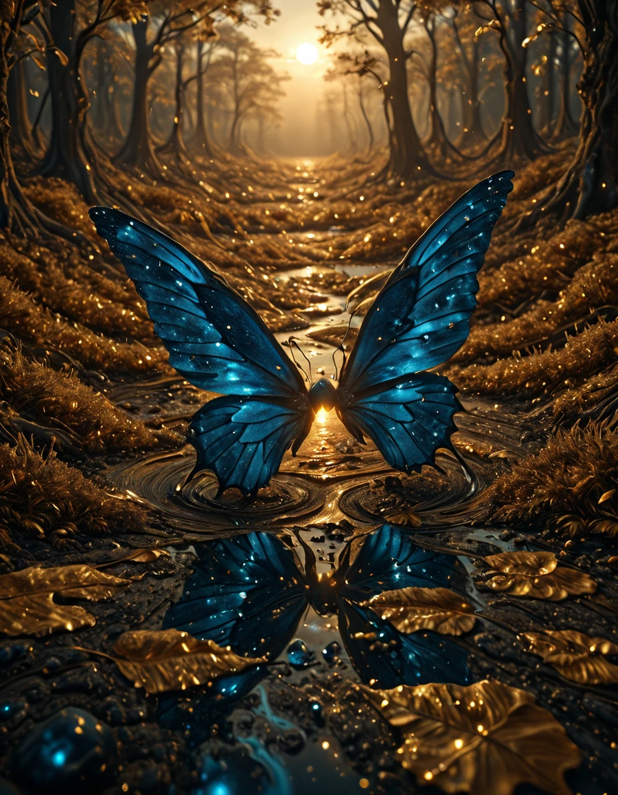 <lora:Gold_dream_ill:1> gdv1, endless forest of crystalline trees, glowing blue bark reflecting golden leaves, golden rivers winding through glowing vegetation, surreal wildlife with blue wings and golden eyes, surreal colors glowing softly in mist, cinematic perspective, atmosphere of wonder and enchantment, epic fantasy landscape