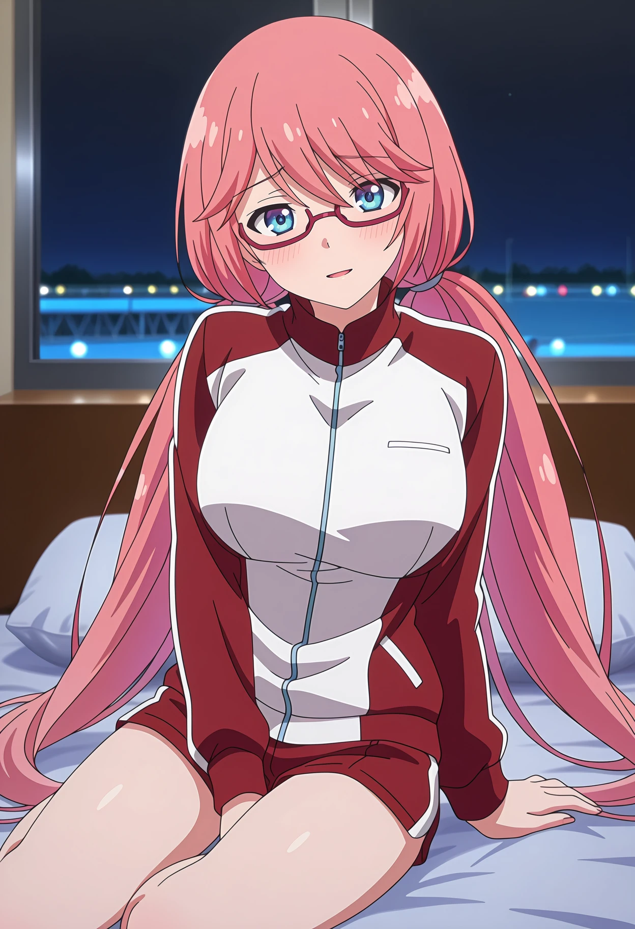 anime screencap, masterpiece, best quality,
1girl, solo, open mouth, light smile, shy, blush, head tilt,
low twintails, swept bangs, hair between eyes, very long hair, pink hair, blue eyes, under-rim eyewear,
gym uniform, track jacket, two-tone jacket, red jacket, white jacket, red pants,
yokozuwari, looking at viewer, cowboy shot, bare legs,
indoors, on bed, pillow, night, dark, photo background, blurry background,
<lora:ClassroomOfTheElite_SakuraAiri_IlluXL:0.9>