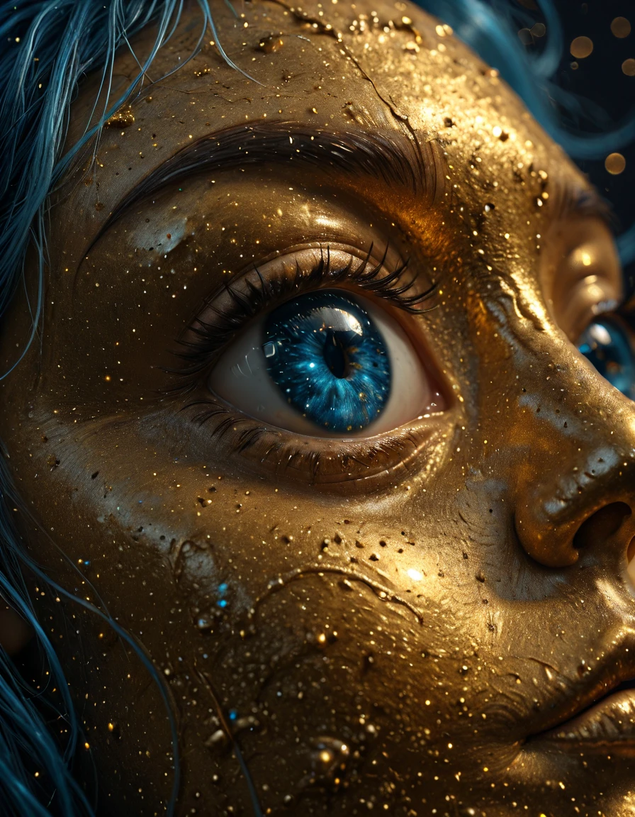 <lora:Gold_dream_ill:1> gdv1,glow, extreme closeup, focus on a blue eye, stars in the eye, gold skin, dutch angle, blue hair,
