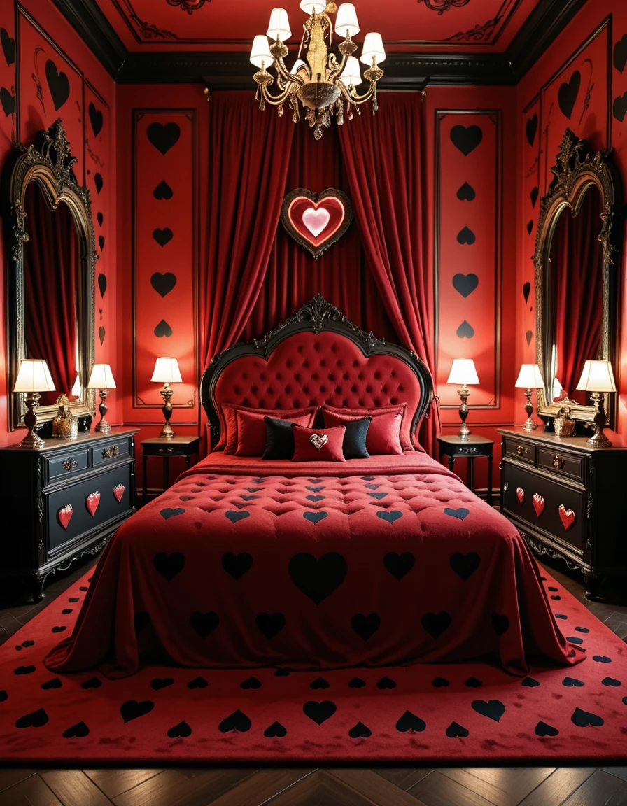 The lavish and eccentric bedroom of the Queen of Hearts, inspired by Alice in Wonderland, decorated in bold shades of red, black, and gold. At the center, a grand heart-shaped bed draped in velvet and silk dominates the room, surrounded by ornate furniture with heart motifs carved into the wood. Playing card symbols adorn the walls and floor, while oversized heart-shaped mirrors and gilded chandeliers reflect the warm crimson glow of candlelight. The atmosphere is whimsical, regal, and slightly menacing, filled with fantasy and extravagance, completely empty of people.bedroom of the Queen of H34rts <lora:bedroom_of_the_Queen_of_H34rts-i:1>, Masterpiece,best quality,hi res,8k,hi res,8k,award winning,(sharp focus, intricate, highly detailed),