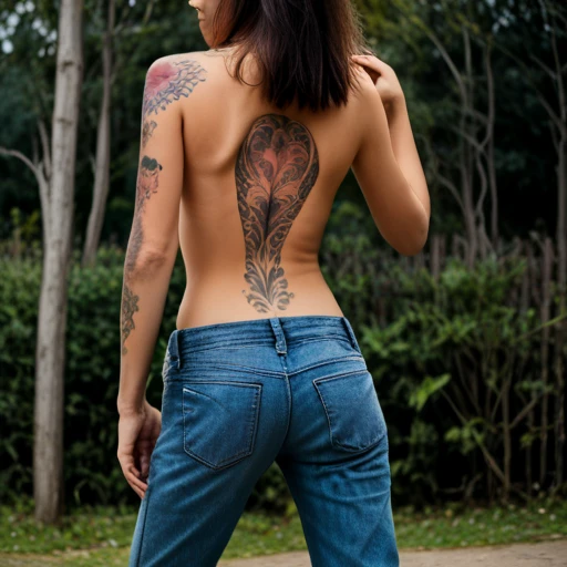 young petite woman, black low_waist_jeans,(detailed tattoo:1.2), back pose