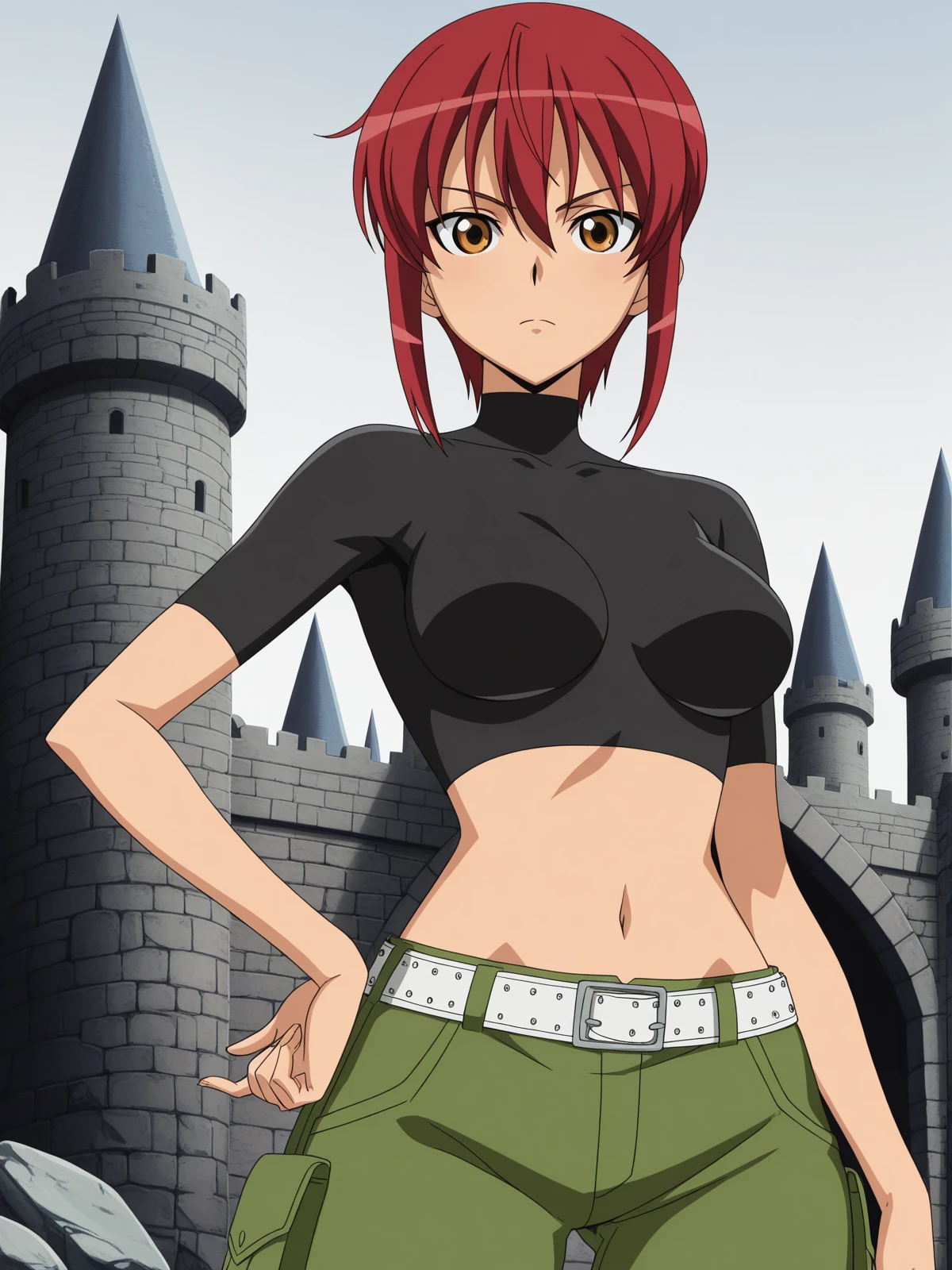 masterpiece, best quality, amazing quality,, <lora:riza-wildman-s1-illustriousxl-lora-nochekaiser:1>, riza wildman, short hair, brown eyes, red hair, hair between eyes, sidelocks, mature female, medium breasts, anime screencap, shirt, short sleeves, midriff, belt, pants, crop top, cropped shirt, green pants, black shirt, turtleneck,, v,, castle, stone, towers, medieval, royalty, cowboy shot, solo, looking at viewer,