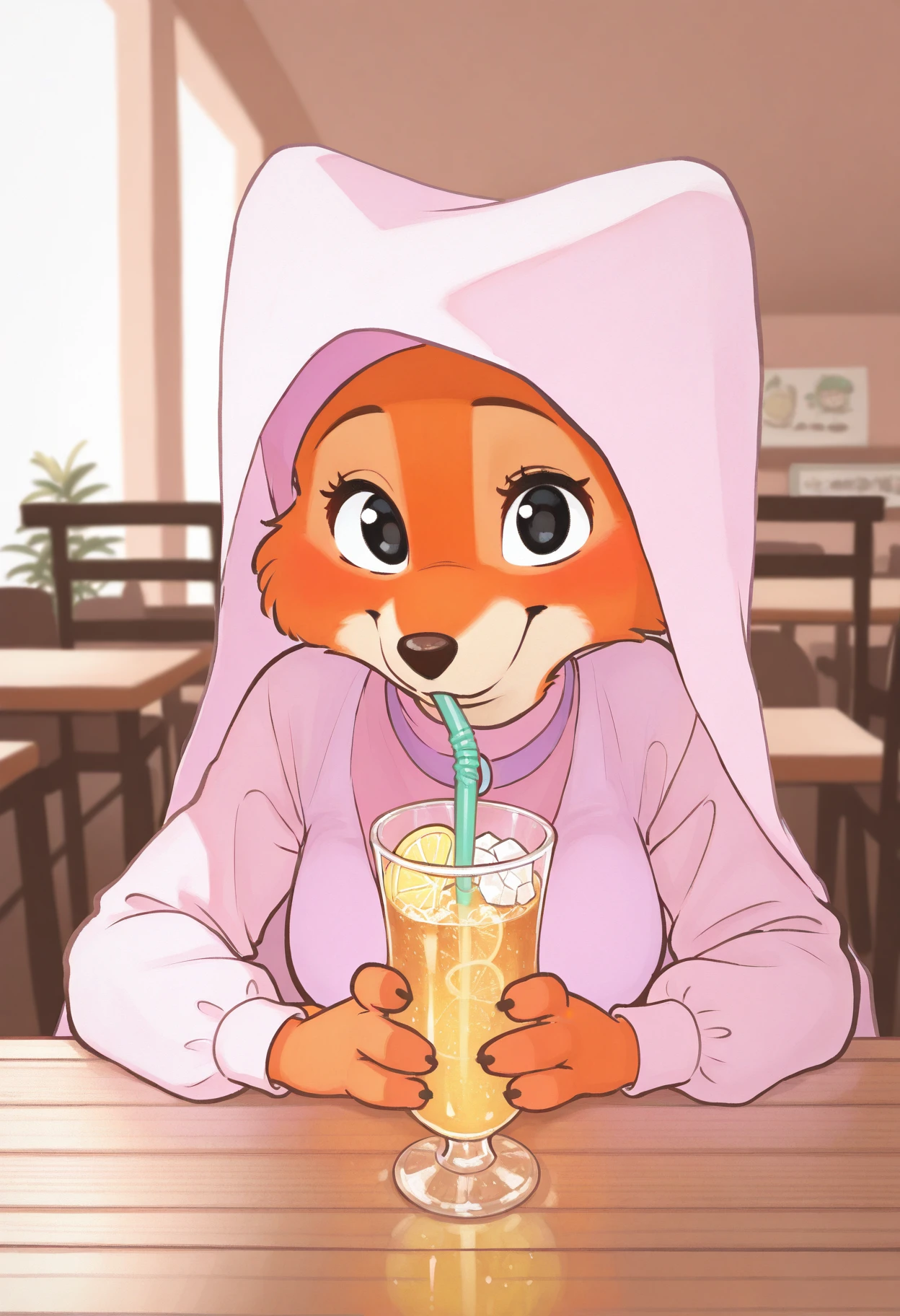 masterpiece, best quality, newest, absurdres, lazypos, chibi
m4r14n-p3np3n-st4le, orange fur, black eyes, pink veil,
sitting,leaning forward,head tilt,head down,holding drinking straw, looking up,drinking,drinking straw in mouth,looking at viewer, restaurant,wooden table,(lemon iced tea:0.8),single glass cup,(ice cubes floating:0.8),(drinking straw:0.8),bendy straw, front view,(from above:0.4),upper body,soft focus,depth of field,golden sunlight,rim light,volumetric lighting,shadowed clothing
<lora:Marian-PenPen-style_il:0.9>