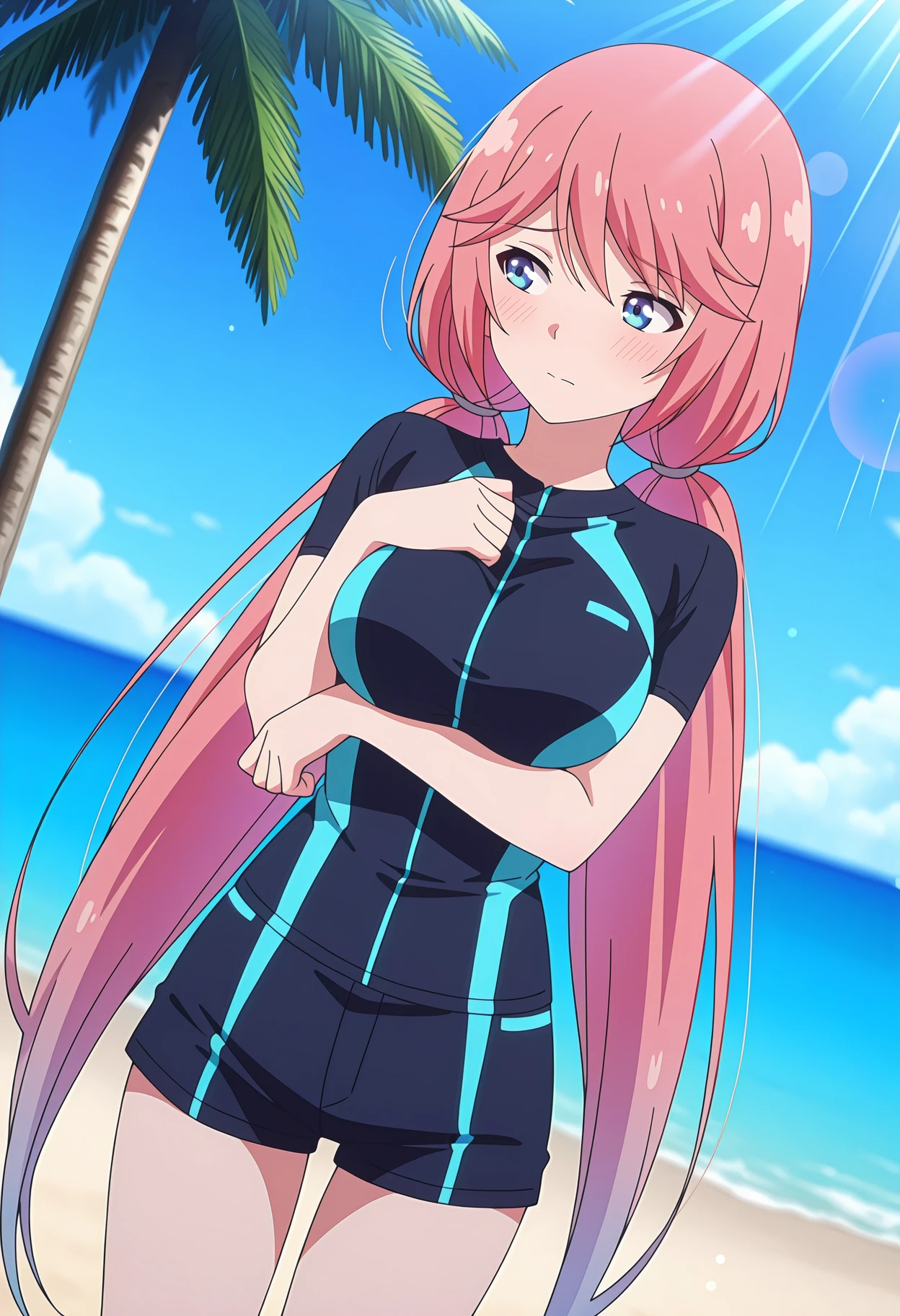 anime screencap, masterpiece, best quality,
1girl, solo, closed mouth, shy, blush,
low twintails, swept bangs, hair between eyes, very long hair, pink hair, blue eyes,
diving suit, black shirt, short sleeves, short shorts,
hand on own chest, breast hold,
standing, looking to the side, cowboy shot, dutch angle,
beach, horizon, palm tree, lens flare, light rays, photo background, blurry background,
<lora:ClassroomOfTheElite_SakuraAiri_IlluXL:0.9>
