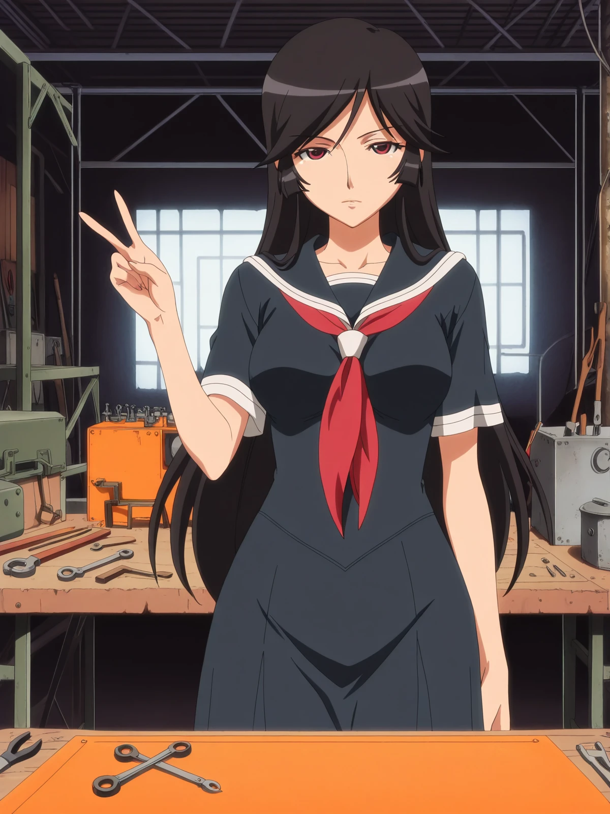masterpiece, best quality, amazing quality,, <lora:reiri-kamura-s1-illustriousxl-lora-nochekaiser:1>, reiri kamura, long hair, black hair, red eyes, hime cut, mature female, , anime screencap, serafuku, black serafuku, red neckerchief,, v,, workshop, tools, workbench, projects, machinery, cowboy shot, solo, looking at viewer,