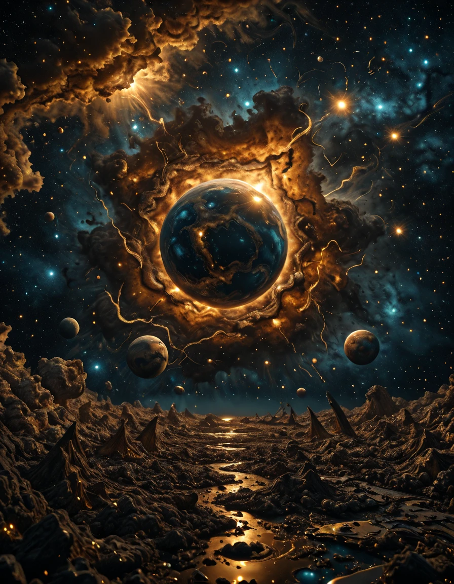 <lora:Gold_dream_ill:1> gdv1, gold dream, gold, glow, masterpiece, absurdres, insanely detailed, sharp focus, nebula, impressive space scene, asteroids, planets, colossal fleet of starships clashing in deep space, enormous battleships firing beams of energy, countless smaller fighters weaving through explosions, debris and shattered hulls drifting into the void, blazing plasma fire illuminating the darkness, distant planet burning in the background, epic cinematic scale, atmosphere of chaos and destruction, highly detailed, immersive space opera