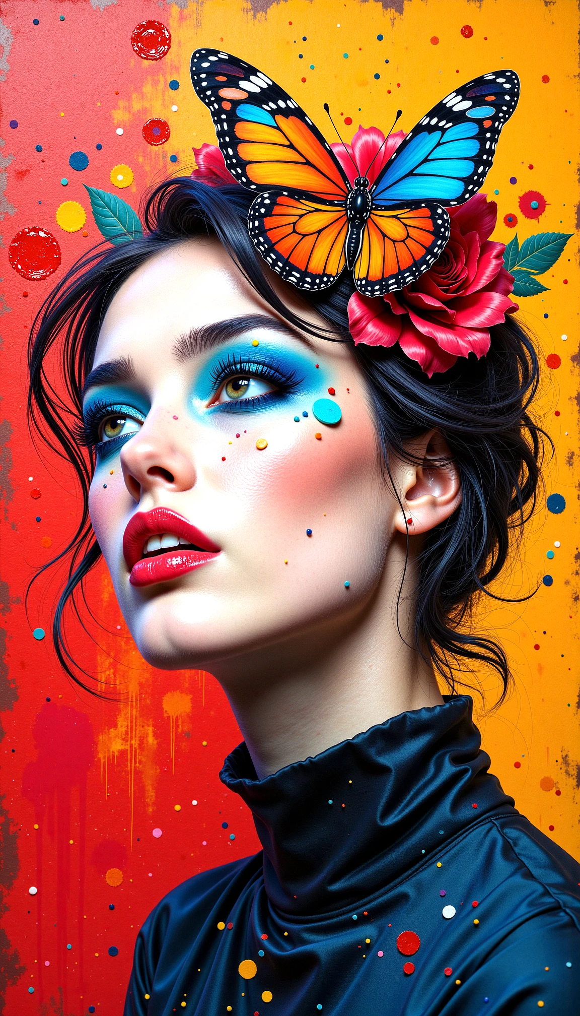 Impasto mode, woman with a butterfly, A bold and expressive style characterized by thick, textured brushstrokes and rich layers of paint. The technique emphasizes physical depth and dynamic surface structure, creating a sense of movement and tangible form.