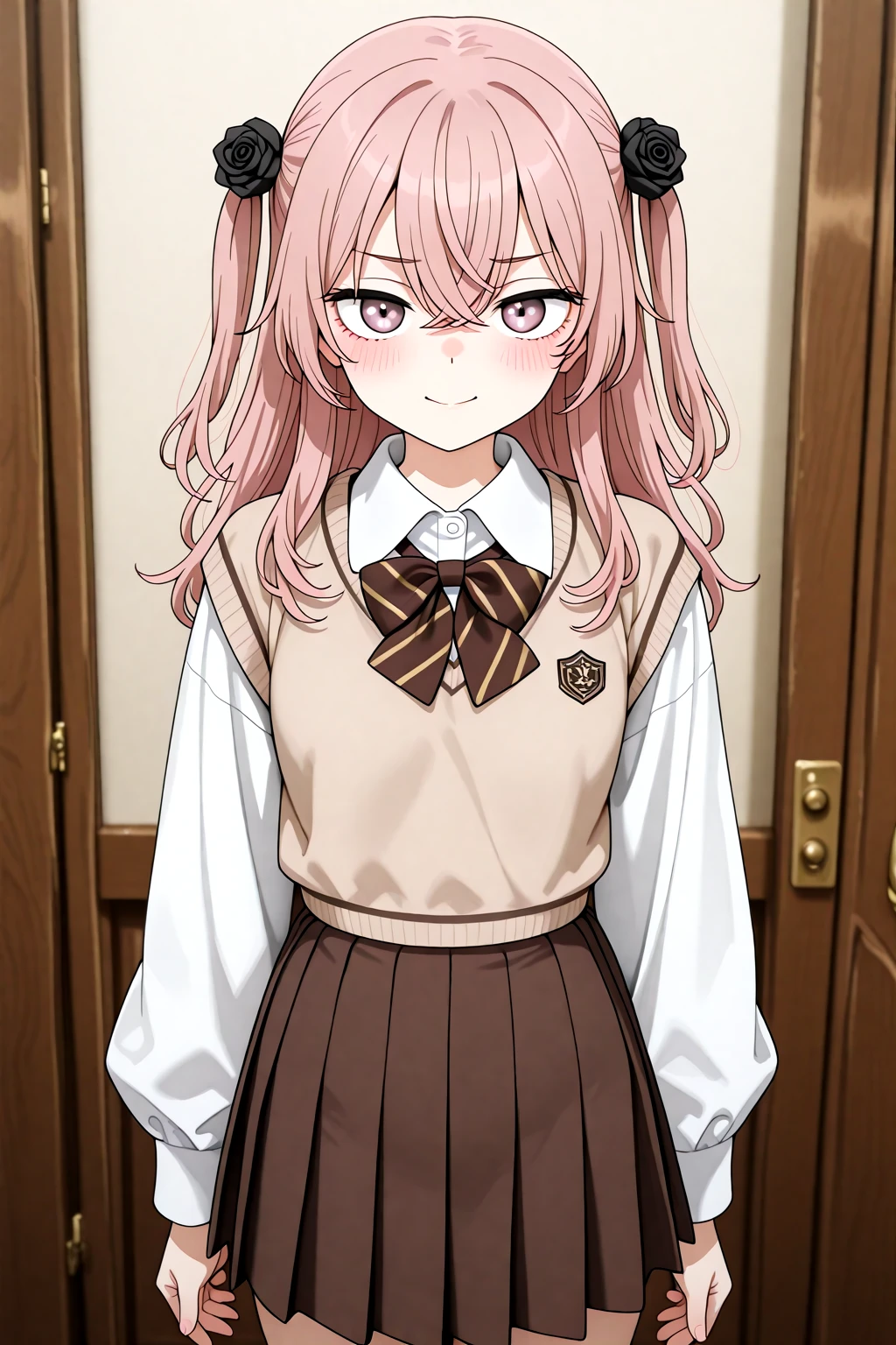 masterpiece, best quality, amazing quality, 1girl, solo, makeup, general, cowboy shot, looking at viewer, blush, dramatic angle, smile, indoors, <lora:sajuna-inui-s1-illustriousxl-lora-nochekaiser:0.8>, sajuna inui, inui sajuna, long hair, bangs, hair ornament, hair between eyes, pink hair, pink eyes, two side up, crossed bangs, hair flower, black rose, mature female, small breasts, <lora:Brown_Schooluniform:1>, Brown_Schooluniform, white collared shirt, brown pleated skirt, long sleeves, school uniform, brown vest, brown bowtie, striped bowtie, white socks, <lora:wai-A3-V140:1>, <lora:illustrious_noobai_epsilon_pred_1_masterpieces_v1:1>