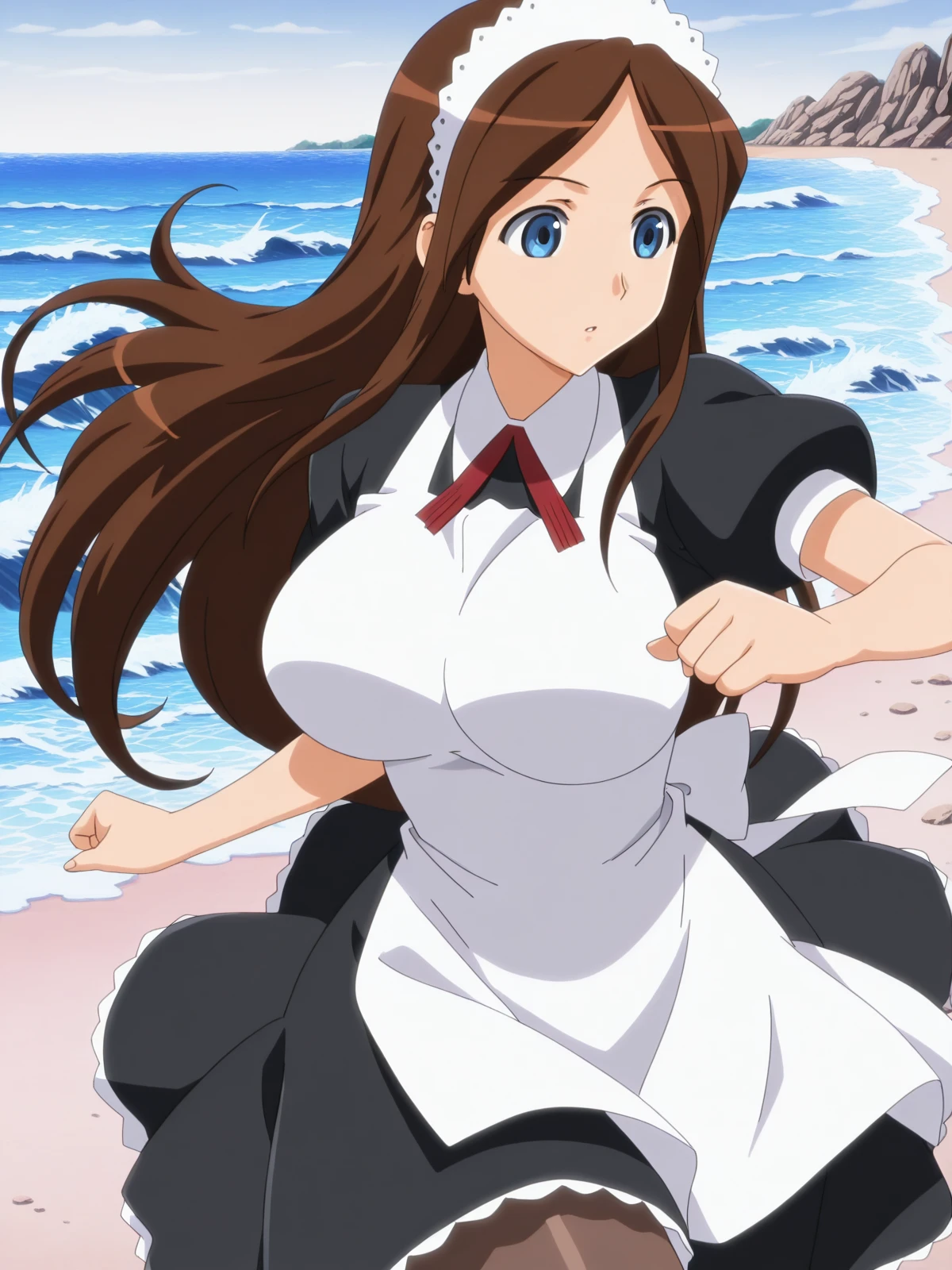 masterpiece, best quality, amazing quality,, <lora:sawawa-hiyorimi-s1-illustriousxl-lora-nochekaiser:1>, sawawa hiyorimi, long hair, brown hair, blue eyes, mature female, large breasts, anime screencap, pantyhose, apron, maid, maid headdress,, <lora:dynamic-pose-illustriousxl-lora-nochekaiser:1>, dynamic pose, attack, cowboy shot, shore, rocks, sand, waves, water, cowboy shot, solo, looking at viewer,