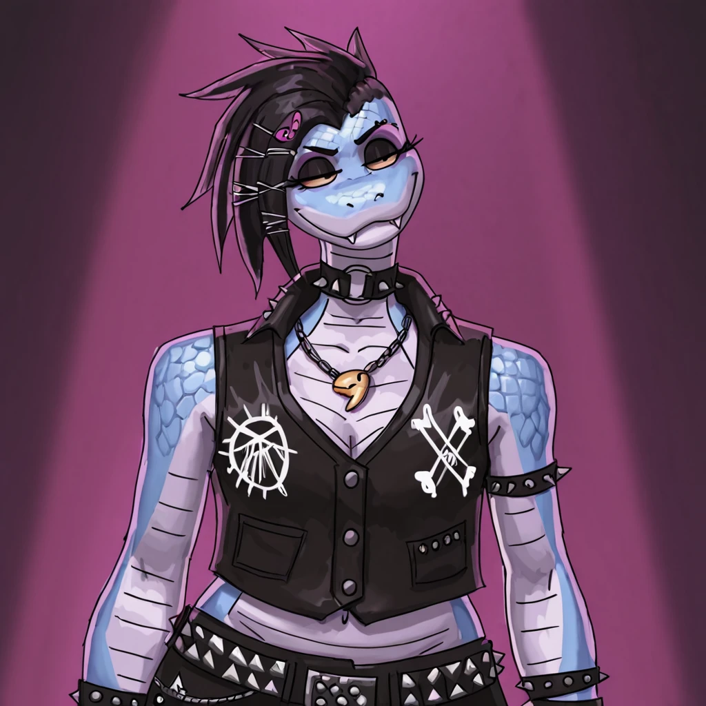 score_9, score_8_up, score_7_up, redustheriotact, anthro, snake, female, vest, punk, club, narrowed eyes