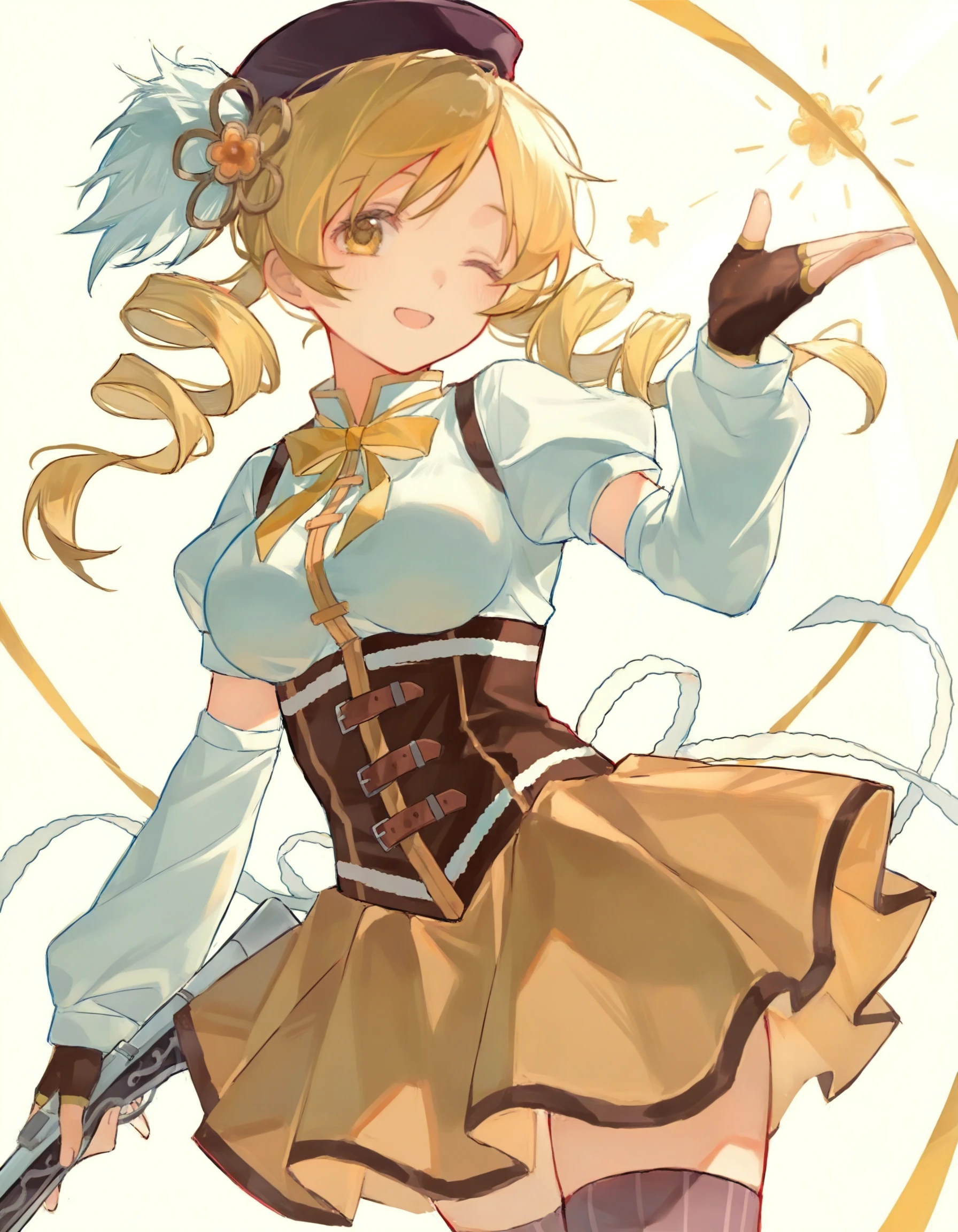 nokoya, <break> 1girl, tomoe mami \(magical girl\), one eye closed, wink, sunlight, cowboy shot, dutch angle, simple background, gold theme, white background, <break> very awa, masterpiece, best quality, amazing quality, highres, detailed background, ultra-detailed, <segment:yolo-face_yolov8n.pt,0.1,0.4//cid=11> <segment:yolo-hand_yolov8n.pt,0.4,0.4//cid=12>