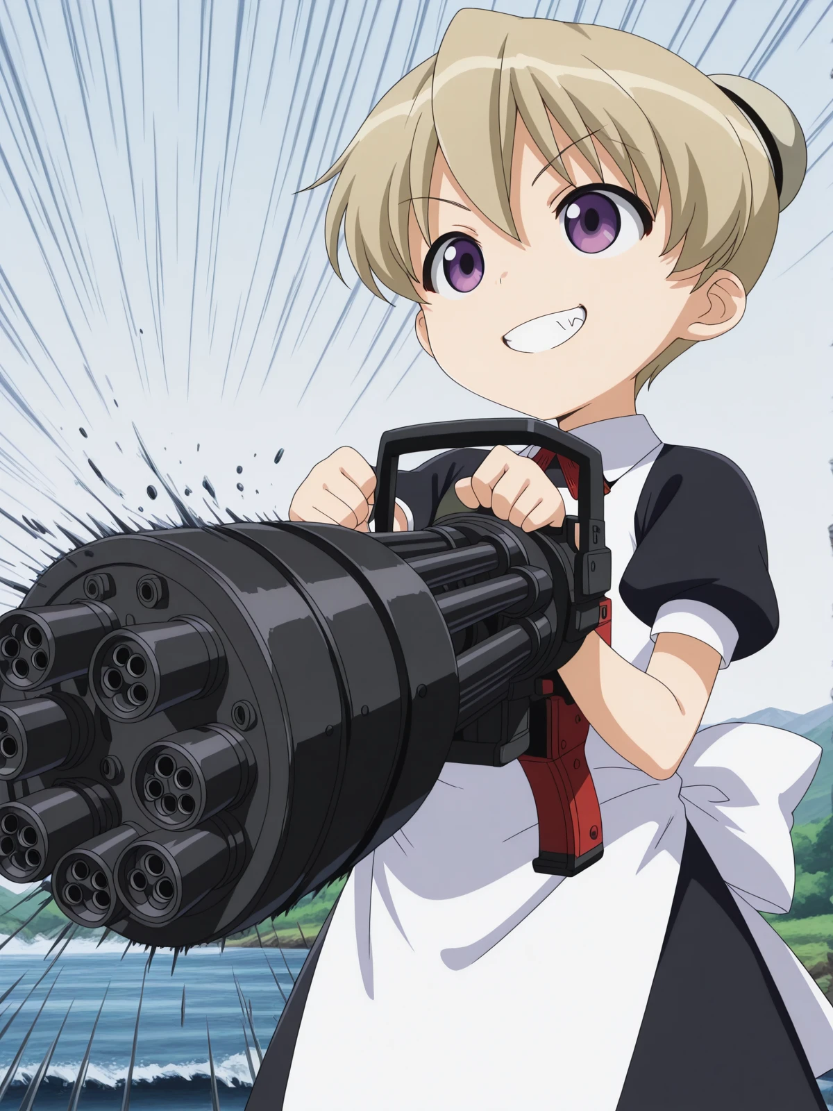 masterpiece, best quality, amazing quality,, <lora:kaibutsuoujo-flandre-s1-illustriousxl-lora-nochekaiser:1>, flandre, short hair, blonde hair, purple eyes, hair bun, anime screencap, apron, maid,, <lora:gatling-gun-illustriousxl-lora-nochekaiser:1>, gatling gun, gun, holding, holding gun, holding weapon, minigun, solo, grin, teeth, cowboy shot, simple background, speed lines,, river, flowing, fish, banks, current, cowboy shot, solo, looking at viewer,