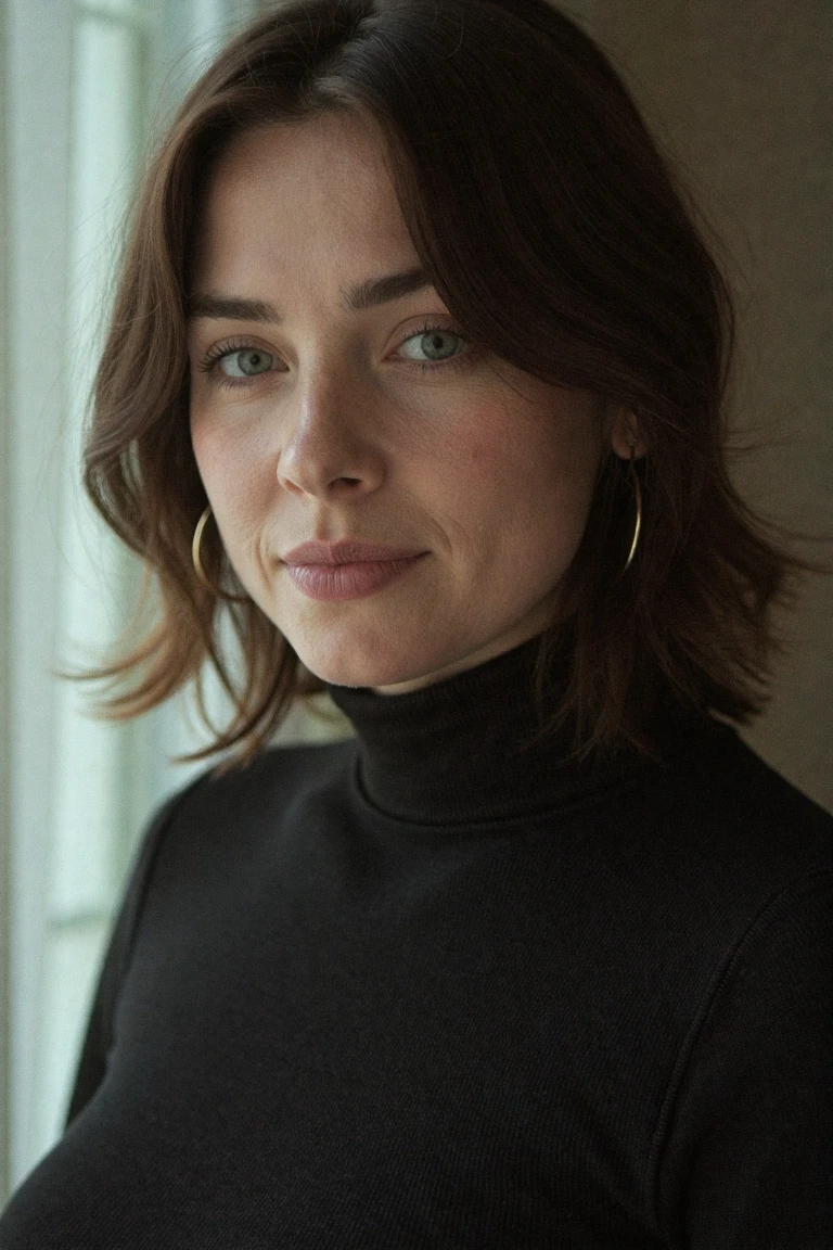 35mm film, Kodak Portra 400, fine grain, soft natural light, shallow depth of field, cinematic color grading, high dynamic range, realistic skin texture, subtle imperfections, light bloom, organic tones, analog feel, vintage lens flare, overexposed highlights, faded colors, film vignette, bokeh, candid composition.
Ohwx_woman, mature woman, 35 year old, milf, innocent shy expression.
curvy, wide hips, natural sagging breasts, hourglass figure,
black Turtleneck, round hoop Earing, indoor setting, low light, flash photography, direct flash light illuminating the subject.