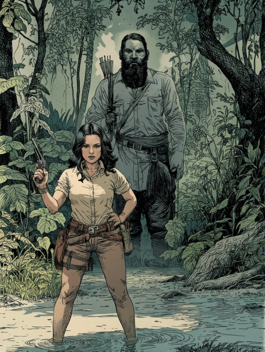 RyOtt style. A digital illustration of a woman with long black hair, wearing a beige shirt and brown pants, standing in shallow water in a jungle setting. She is holding a gun in her right hand and has a determined expression on her face. Behind her, a shadow of a man with a long black beard and a white shirt is standing in the water, holding a bow and arrow. The background features tall trees and various plants, with a hint of sunlight filtering through the foliage. The style is reminiscent of comic book art, with bold lines and vibrant colors.