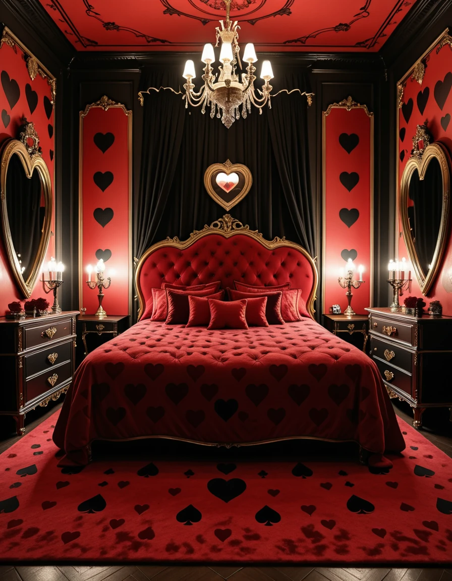 The lavish and eccentric bedroom of the Queen of Hearts, inspired by Alice in Wonderland, decorated in bold shades of red, black, and gold. At the center, a grand heart-shaped bed draped in velvet and silk dominates the room, surrounded by ornate furniture with heart motifs carved into the wood. Playing card symbols adorn the walls and floor, while oversized heart-shaped mirrors and gilded chandeliers reflect the warm crimson glow of candlelight. The atmosphere is whimsical, regal, and slightly menacing, filled with fantasy and extravagance, completely empty of people.bedroom of the Queen of H34rts <lora:bedroom_of_the_Queen_of_H34rts-i:1>, Masterpiece,best quality,hi res,8k,hi res,8k,award winning,(sharp focus, intricate, highly detailed),