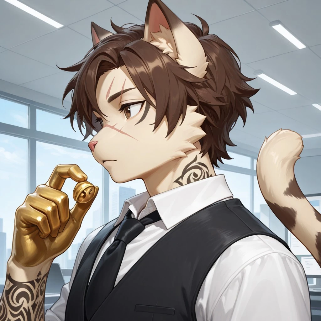 score_9, score_8_up, score_7_up, score_6_up, score_5_up, score_4_up, source_furry
anthro, solo, portrait, Meowdas, furry, cat, scar, brown hair, brown eye, tattoo, cat tail, cat ears, gold hands, black necktie, black vest, white collared shirt,
BREAK
detailed background, office, (side view)