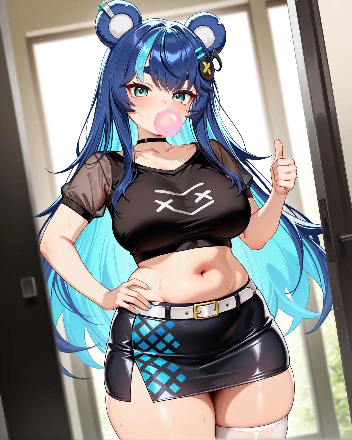 <lora:LECO-mature_female_XL(ill)v11:1> , <lora:Curvier:1>plump, thick thighs, wide hips, curvy,
<lora:Fujikura_UrukaPC:1> FujUka, long hair, blue hair, streaked hair, blue bear ears, sidelocks, music hair ornament, cyan colored inner hair, large breasts, choker, collarbone, black shirt, midriff, navel, white belt, black skirt, print pencil skirt, asymmetrical legwear, white single thighhigh, black shoes, see-through short sleeves,
thumbs up, chewing gum, hand on own hip, cowboy shot, dutch angle,, IllusP0s, masterpiece, best quality, amazing quality, very aesthetic, absurdres, newest, Smooth_Quality