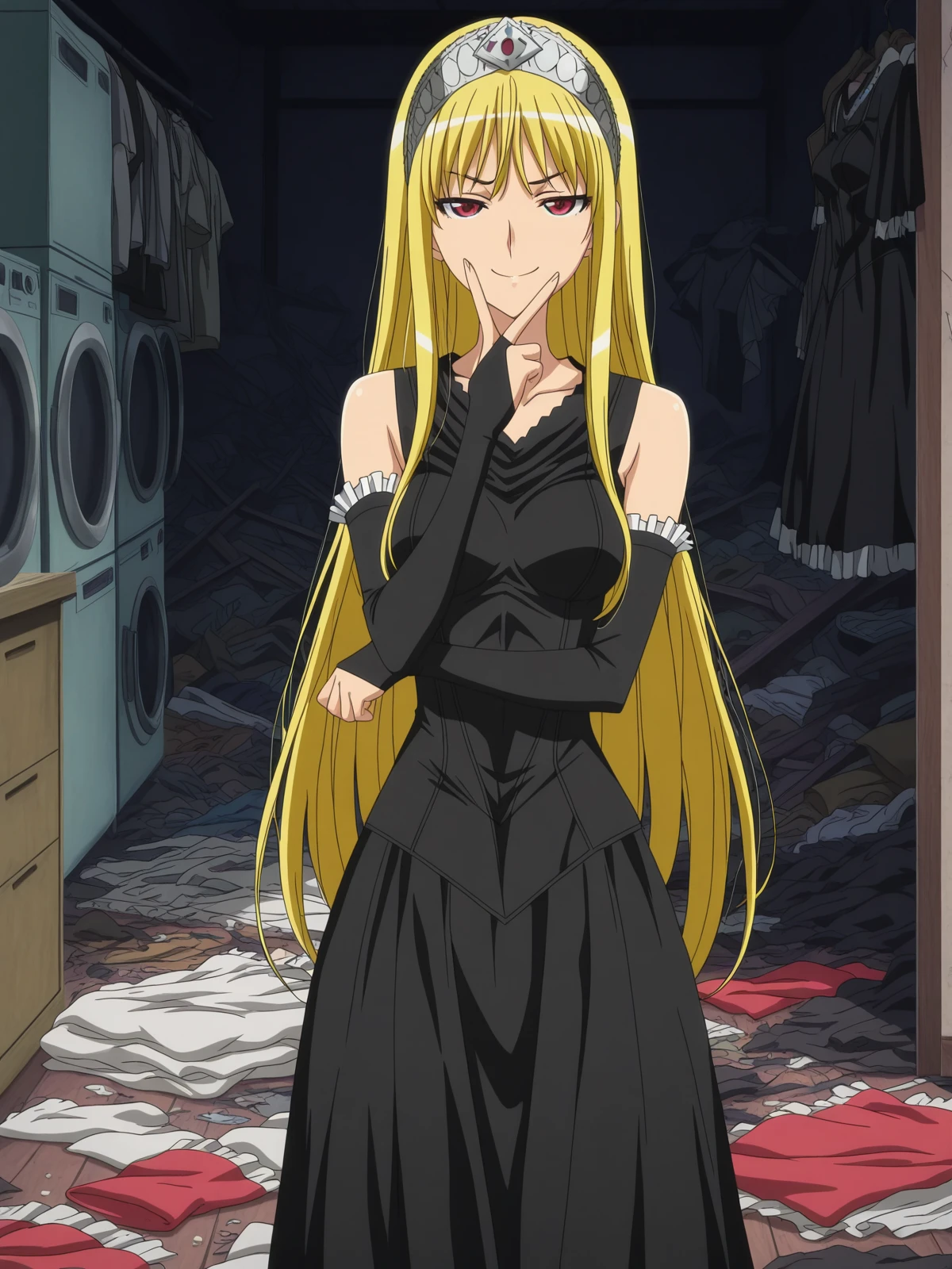 masterpiece, best quality, amazing quality,, <lora:kaibutsuoujo-liliane-s1-illustriousxl-lora-nochekaiser:1>, liliane, long hair, blonde hair, red eyes, very long hair, tiara, mature female, medium breasts, anime screencap, gloves, dress, detached sleeves, elbow gloves, black dress, bare shoulders, sleeveless dress, collarbone, long skirt,, v, v over mouth, smug,, messy room, clutter, clothes_on_floor, disorganization, laundry, cowboy shot, solo, looking at viewer,