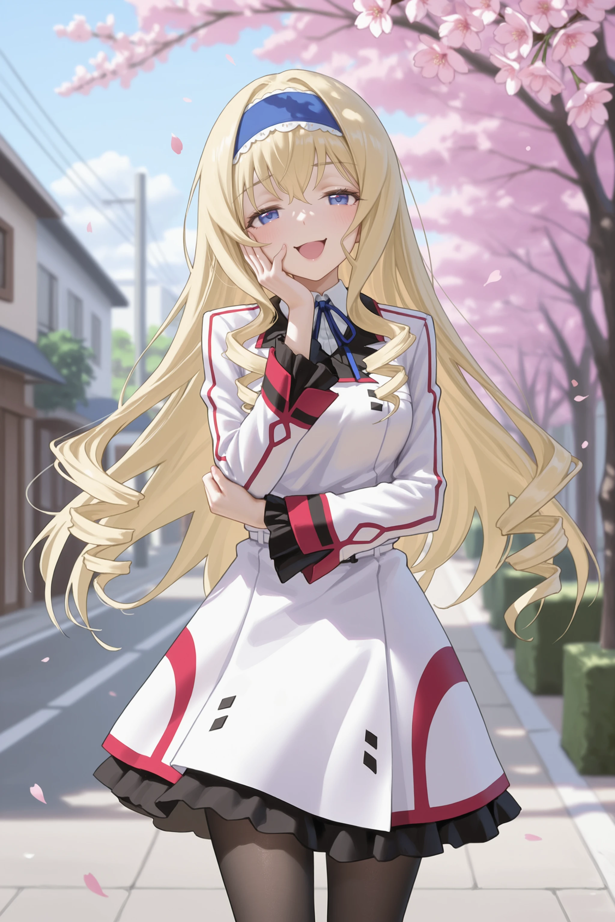 1girl, cecilia alcott, blue hairband, solo, blue neck ribbon, infinite stratos academy school uniform, black pantyhose, looking at viewer, smug, open mouth, naughty face, hand on own face, standing, cowboy shot, outdoors, street, cherry blossoms, petals, depth of field <lora:Char-IS-Cecilia-V1-IL:0.9:hr=0.6>, (fkey:0.5), (fuzichoco:0.6), ningen mame, sho lwlw, (rhasta:0.9), (wlop:0.7), (ke-ta:0.6), chen bin, (hyouuma:0.8)
masterpiece, best quality, amazing quality, very aesthetic, absurdres, newest, (scenery, volumetric lighting)
