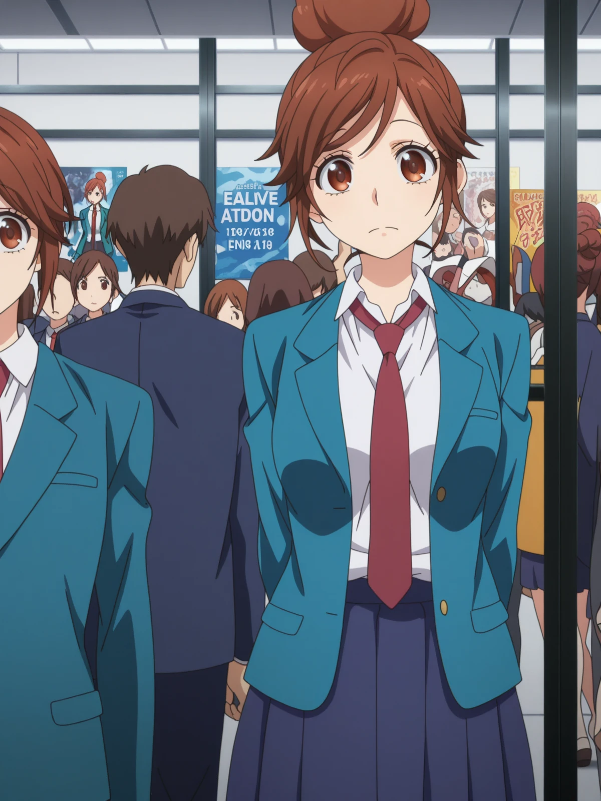 masterpiece, best quality, amazing quality,, <lora:natsuki-enomoto-movie-illustriousxl-lora-nochekaiser:1>, natsuki enomoto, short hair, brown hair, brown eyes, hair bun, single hair bun, swept bangs, mature female, medium breasts, anime screencap, skirt, jacket, pleated skirt, necktie, blazer, blue blazer, shirt, white shirt, collared shirt, red necktie, blue skirt,, v,, convention, crowd, booths, posters, event, cowboy shot, solo, looking at viewer,