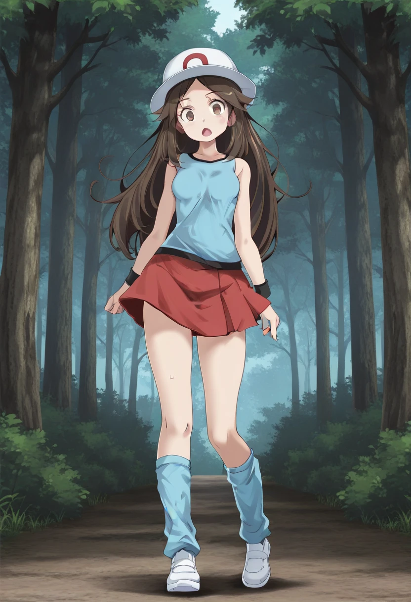 1girl, solo, frlgleaftsukishiro, print hat, white headwear, brown hair, very long hair, parted bangs, hair flaps, brown eyes, blue shirt, sleeveless shirt, black wristband, skirt, blue leg warmers, white shoes, outdoors, forest, full body, open mouth, :o, standing,