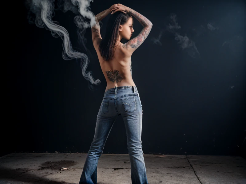 young petite woman, black low_waist_jeans,(detailed tattoo:1.2), back pose, dark art, phantasy, smoke