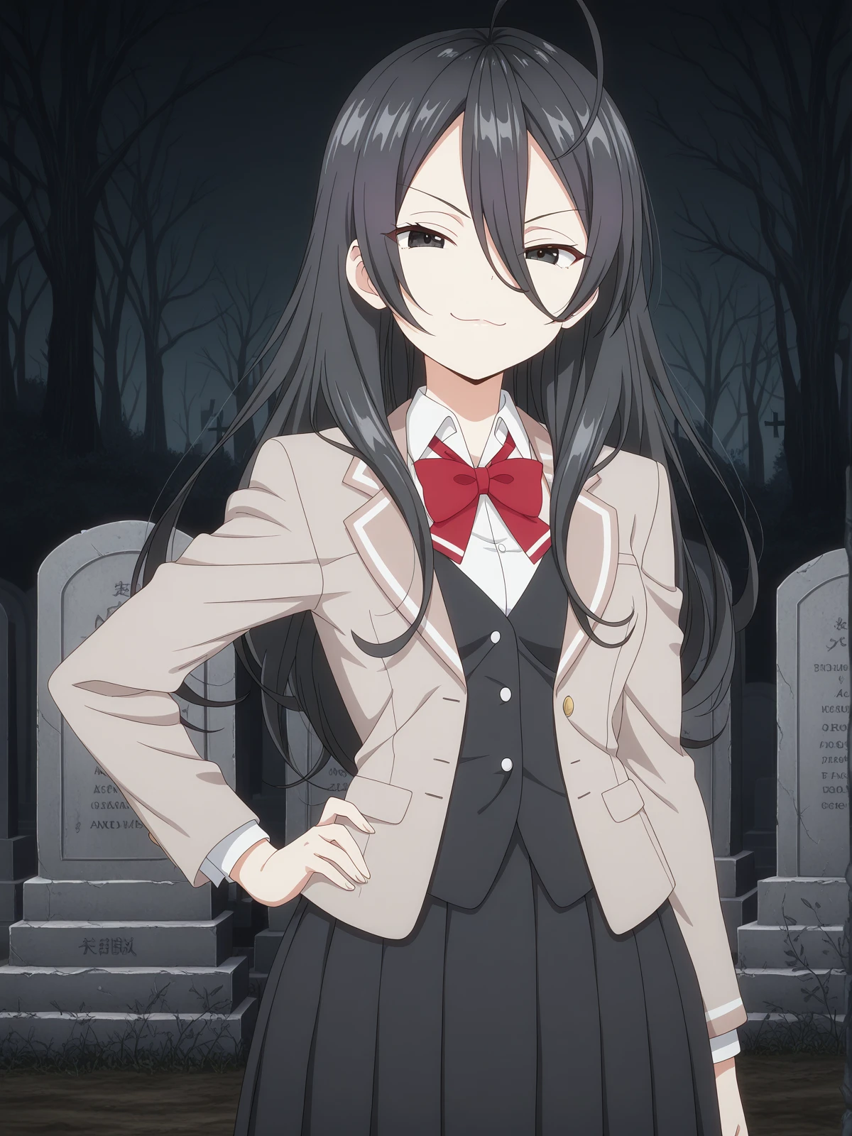 masterpiece, best quality, amazing quality,, <lora:ayano-kimishima-s1-illustriousxl-lora-nochekaiser:1>, ayano kimishima, black hair, black eyes, ahoge, long hair, hair between eyes, mature female, small breasts, anime screencap, shirt, bow, jacket, white shirt, collared shirt, bowtie, red bow, blazer, red bowtie, black skirt, pleated skirt,, smug, hands on own hip,, graveyard, tombstones, dark, trees, eerie, cowboy shot, solo, looking at viewer,