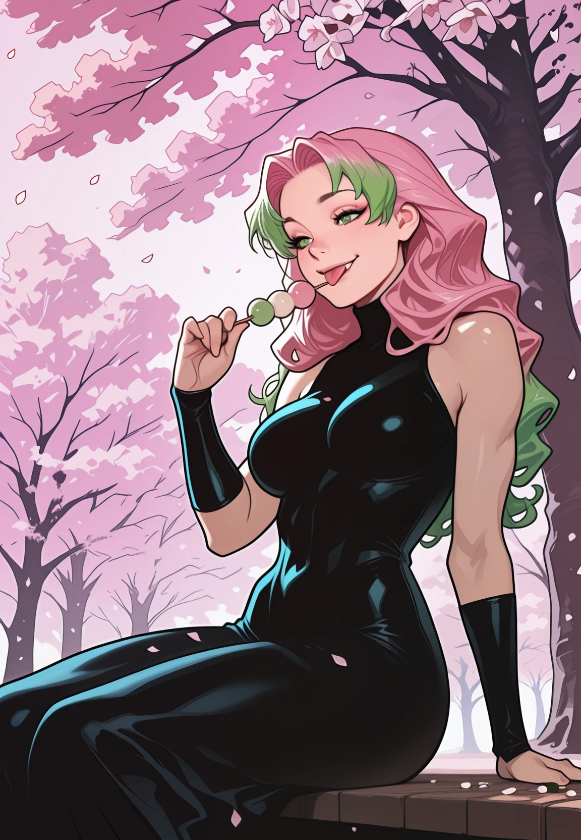 embedding:Stable_Yogis_PDXL_Positives, embedding:Stable_Yogis_PDXL_Positives2, embedding:lazypos, embedding:cr1sp, 1girl, athletic body, toned, small waist, Mitsuri Kanroji, eating dango, playful smile, tongue slightly out, sitting under cherry blossom trees, falling petals, lively spring vibe,masterpiece, best quality, very aesthetic, bold outlines, strong shadows, high contrast, crisp lines, detailed, intricate, ultra detailed, vibrant, smooth gradients, subtle shadows, professional, high-resolution, perfect lighting, solo, depth, complex lighting, ultra detailed
,,