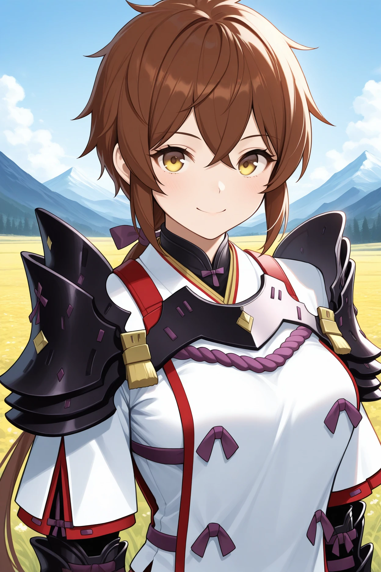 masterpiece, best quality, 1girl, solo, <lora:xclora-illu-nvwls-v1-000006:1> xclo, brown hair, low ponytail, hair between eyes, yellow eyes, black armor, shoulder armor, gauntlets, white tunic, ribbon trim, short sleeves, , black gloves, fingerless gloves, elbow gloves, medium breasts, upper body, looking at viewer, smile, blue sky, field, mountains, arms at sides