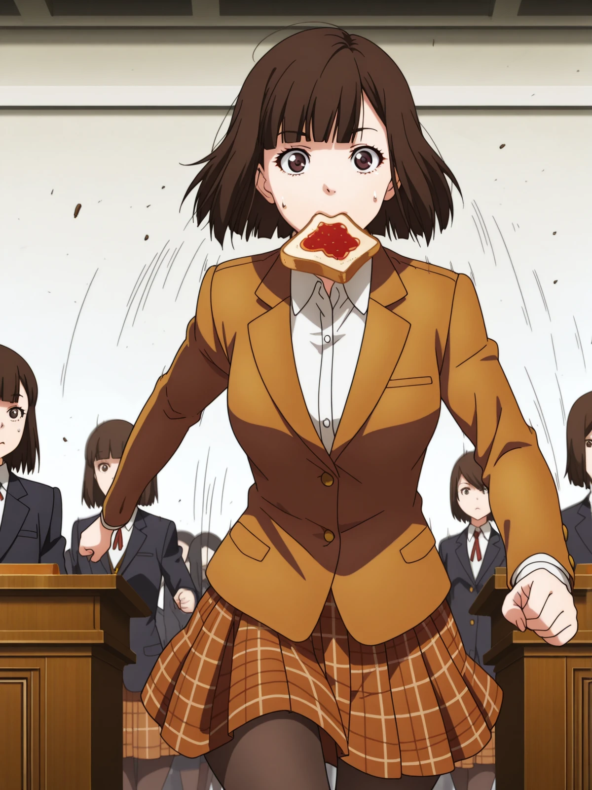 masterpiece, best quality, amazing quality,, <lora:chiyo-kurihara-s1-illustriousxl-lora-nochekaiser:1>, chiyo kurihara, brown hair, brown eyes, short hair, bangs, blunt bangs, mature female, medium breasts, anime screencap, skirt, jacket, pantyhose, plaid, plaid skirt, blazer,, <lora:food-in-mouth-running-illustriousxl-lora-nochekaiser:1>, food in mouth running, food in mouth, running, bread, bread slice, food, toast in mouth, toast, sweatdrop, motion lines, motion blur, outdoors, straight-on, courtroom, judge, witness_stand, audience, formality, cowboy shot, solo, looking at viewer,