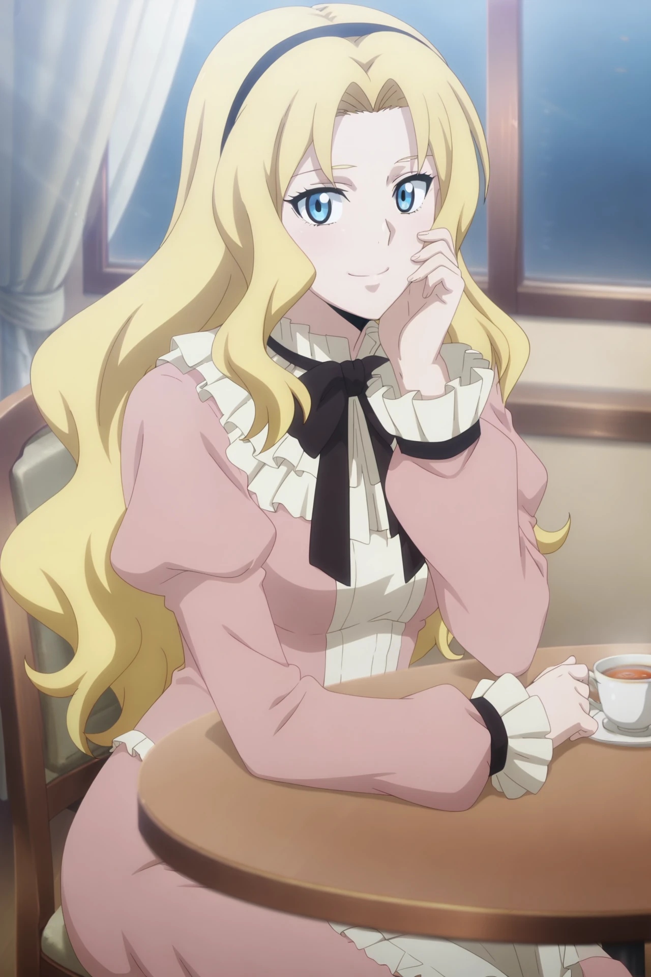 masterpiece, best quality, looking at viewers, cowboy shot,
<lora:Marrine_Kreische_PinkDress:.8> Marrine_Kreische_PinkDress, 1girl, solo, long hair, smile, blue eyes, blonde hair, long sleeves, puffy sleeves, hair band, frilled sleeves, juliet sleeves, pink dress, puffy long sleeves, black bowtie, anime coloring, parted bangs, hair intakes, pink shirt, high heels, sitting, chair, tea, table, cafe, hand on face, frontal view, window,, <lora:anime_screencap:1> anime screencap, anime coloring, 2d, anime style, <lora:Smooth_Quality:1>Smooth_Quality