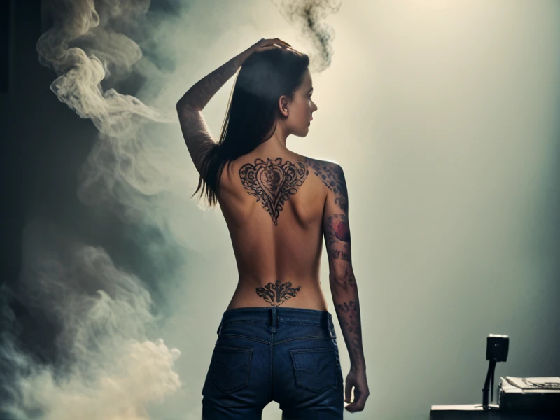 young petite woman, black low_waist_jeans,(detailed tattoo:1.2), back pose, dark art, phantasy, smoke