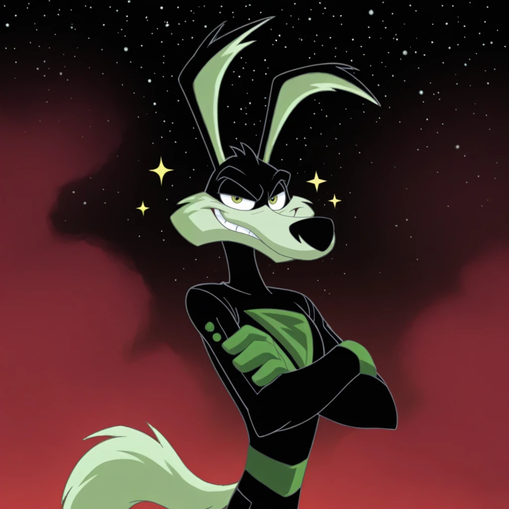 <lora:Tech_E_coyote_V2:1> Techcoyote, 1boy, bodysuit, standing, black background, stars, crossed arms, smirk, red fog, 4 fingers, portrait, masterpiece