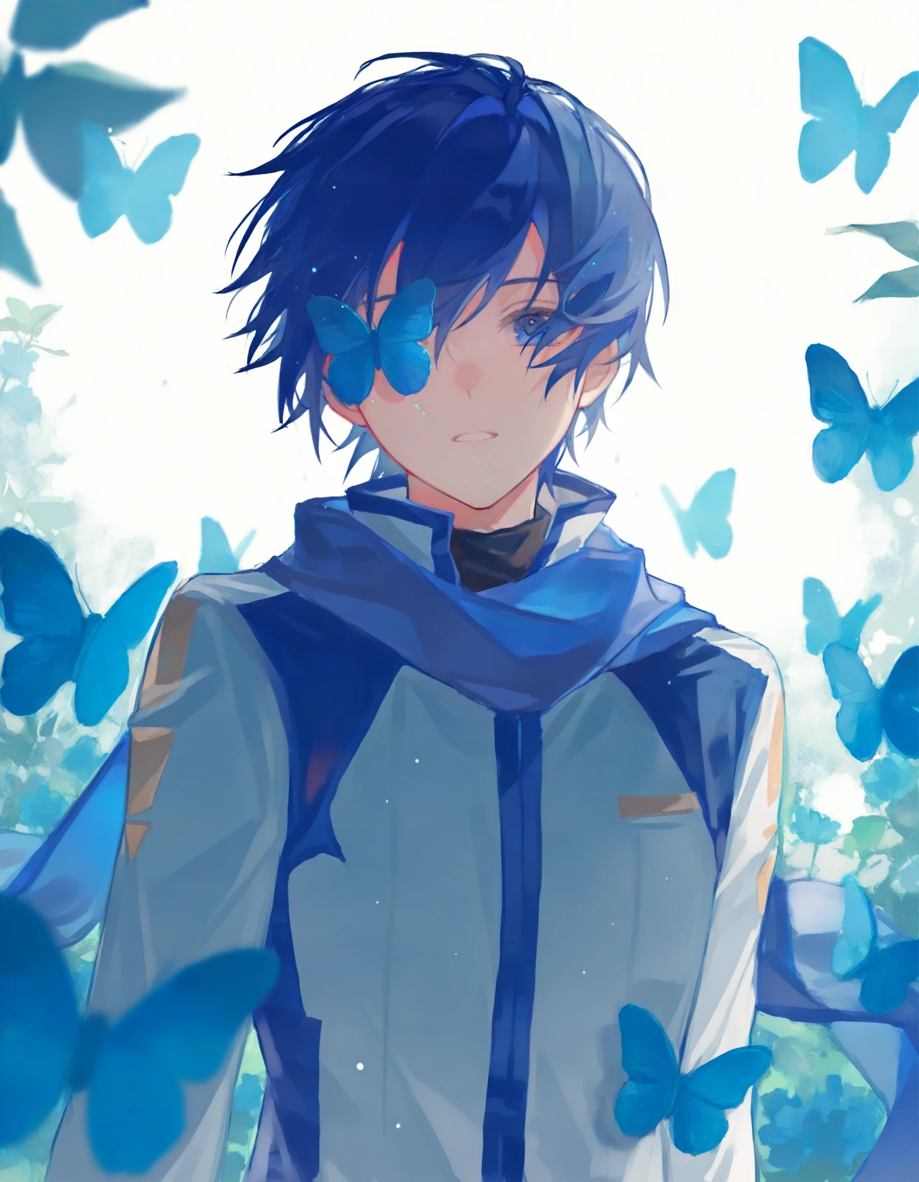 nokoya, <break> 1boy, kaito, blue theme, light particles, butterfly, white background, butterfly over eye, white shirt, upper body, straight-on, surrounded, blurry foreground, <break> very awa, masterpiece, best quality, amazing quality, highres, detailed background, ultra-detailed, <segment:yolo-face_yolov8n.pt,0.4,0.4//cid=11> <segment:yolo-hand_yolov8n.pt,0.1,0.4//cid=12>