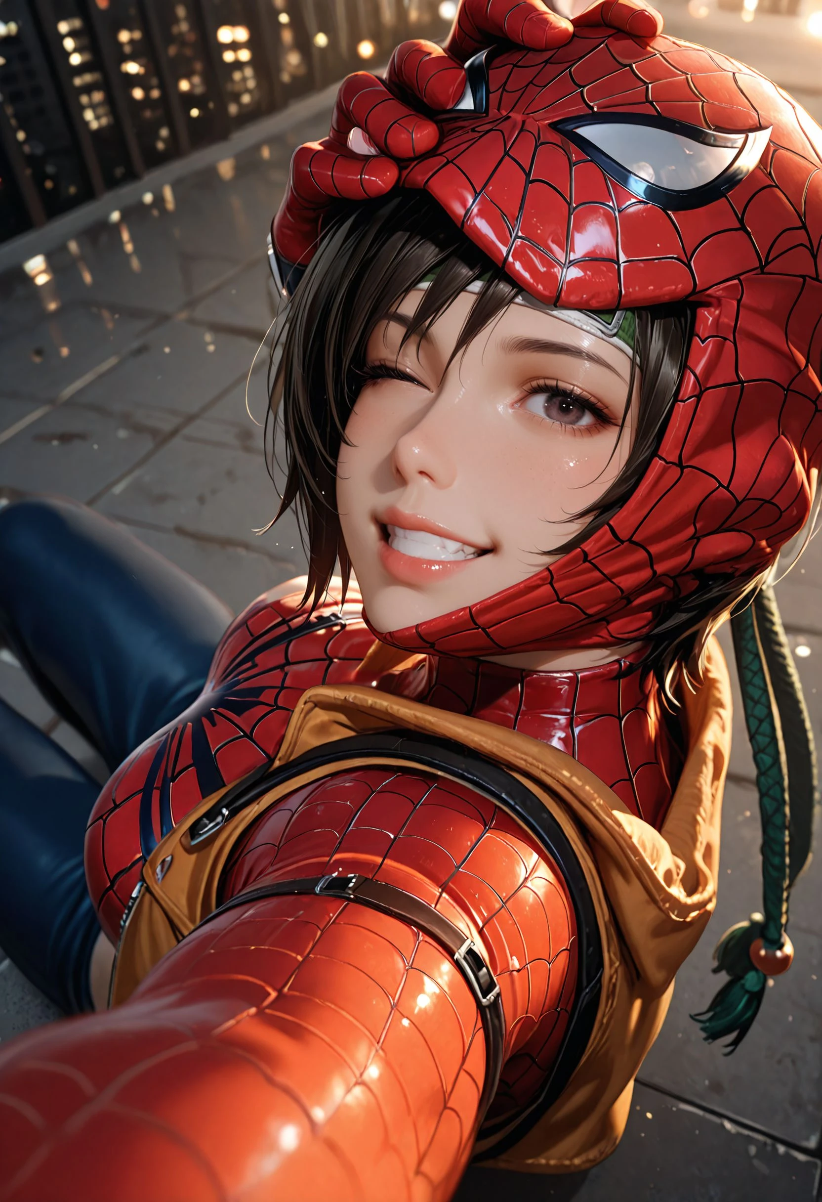 masterpiece, best quality, ultra-detailed, absurdres, 8K, highres, illustration, CG, amazing quality, intricate details, highly detailed, hyper-detailed, sharp focus, depth of field, realistic shading, beautiful lighting, cinematic lighting, HDR, volumetric lighting, raytracing, ambient occlusion, subsurface scattering, vibrant colors, soft lighting, smooth shading, reflective surfaces, ultra-detailed eyes, clear skin, shiny hair, gradient background, detailed background, BREAK, solo, yuffie (/final fantasy)/, orange bomber jacket, face reveal, rooftop skyscrapper, (spider-man suit:1.2), cityscape, own hand on mask removed, pulling up mask, (loose balaclava mask), (lifts spider-man mask off her head:1.5), one eye closed, selfie, showing her face, (lying on back, on floor), unmasked, smiling face, teeth, grin, from above, rating_safe