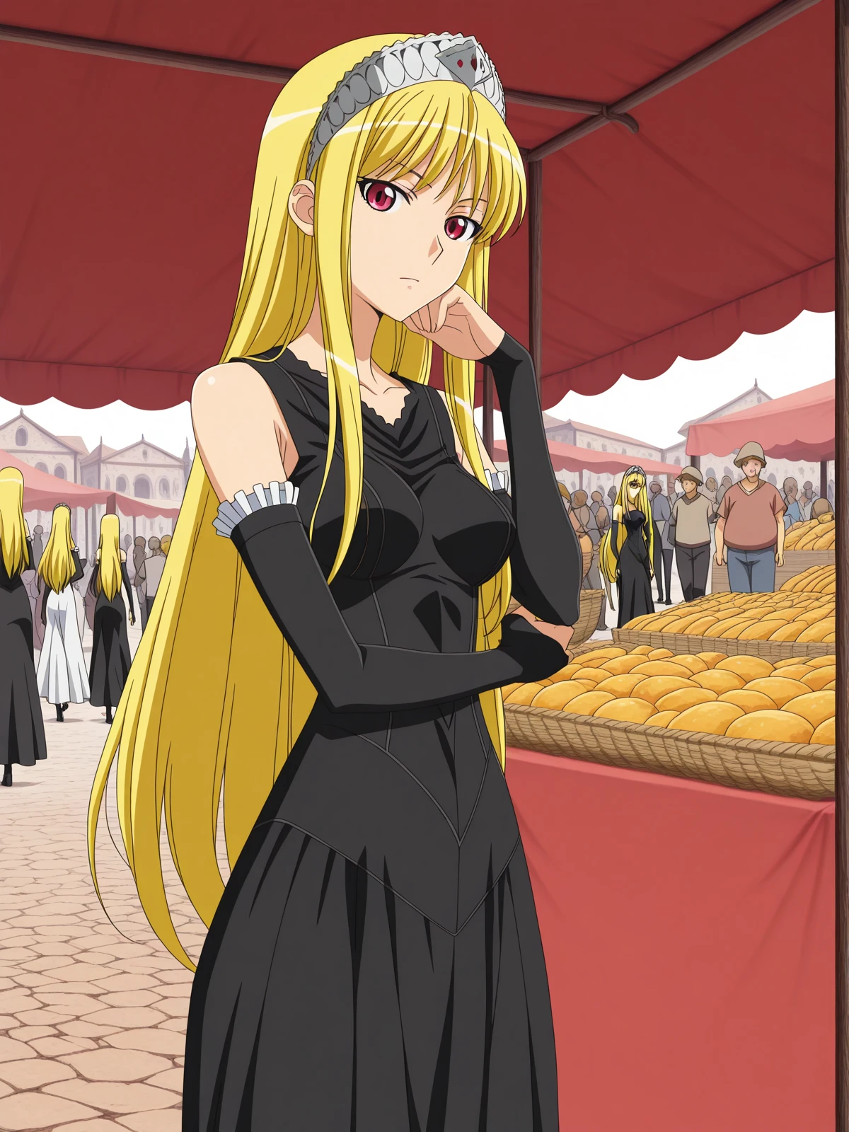 masterpiece, best quality, amazing quality,, <lora:kaibutsuoujo-liliane-s1-illustriousxl-lora-nochekaiser:1>, liliane, long hair, blonde hair, red eyes, very long hair, tiara, mature female, medium breasts, anime screencap, gloves, dress, detached sleeves, elbow gloves, black dress, bare shoulders, sleeveless dress, collarbone, long skirt,, head rest, market, stalls, people, food, trade, cowboy shot, solo, looking at viewer, <lora:transparent-background-illustriousxl-lora-nochekaiser:1>, transparent background, simple background, white background