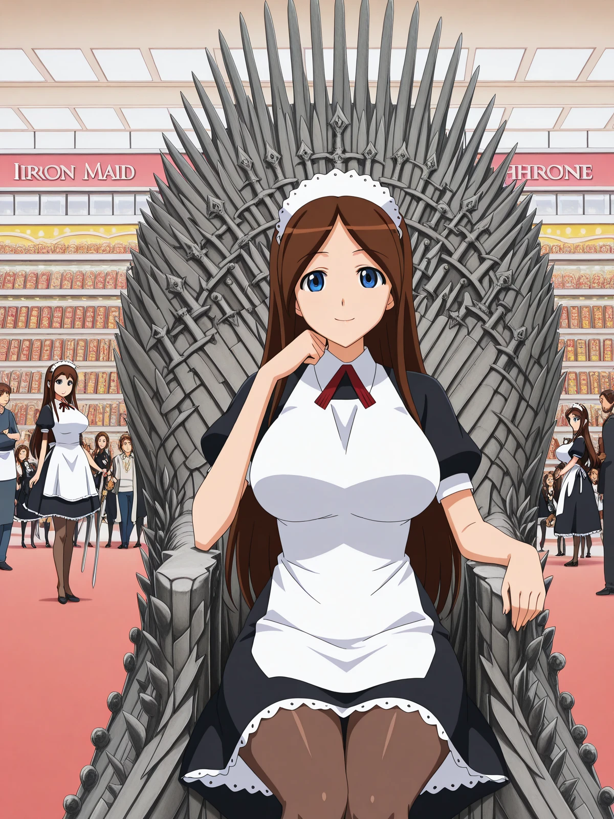 masterpiece, best quality, amazing quality,, <lora:sawawa-hiyorimi-s1-illustriousxl-lora-nochekaiser:1>, sawawa hiyorimi, long hair, brown hair, blue eyes, mature female, large breasts, anime screencap, pantyhose, apron, maid, maid headdress,, <lora:iron-throne-illustriousxl-lora-nochekaiser:1>, iron throne, sitting, looking at viewer, sword, throne, sitting on throne, smile, cowboy shot, elbow rest, mall, shops, people, shopping, big, cowboy shot, solo, looking at viewer, <lora:transparent-background-illustriousxl-lora-nochekaiser:1>, transparent background, simple background, white background