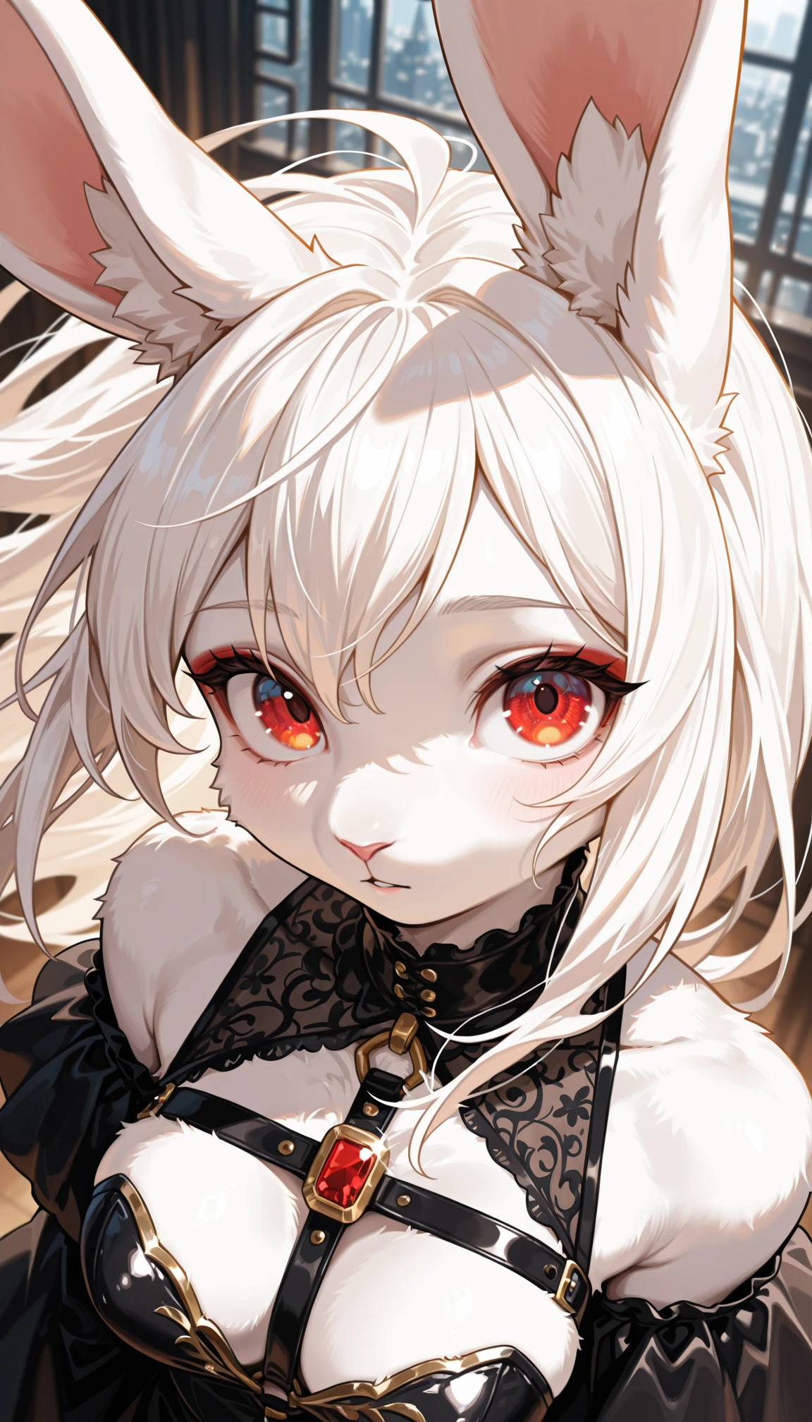masterpiece, best quality, amazing quality, very aesthetic, 4k, high resolution, ultra-detailed, absurdres, newest, scenery, 1girl, furry, anthro, solo, cute, rabbit girl, clothed, body fur, white rabbit, white fur, fluffy, medium breasts, long white hair, floating hair, looking at viewer, upturned eyes, head tilt, red eyes, very big eyes, (luxurious gothic:1.2) turtleneck off-shoulder strap black dress, red gem, gold embedded clothes, long detached puffy wide sleeves, upper body, long rabbit ears, portrait, close-up, from above, dutch angle, rim light, BREAK, depth of field, extremely detailed fluffy fur, volumetric lighting