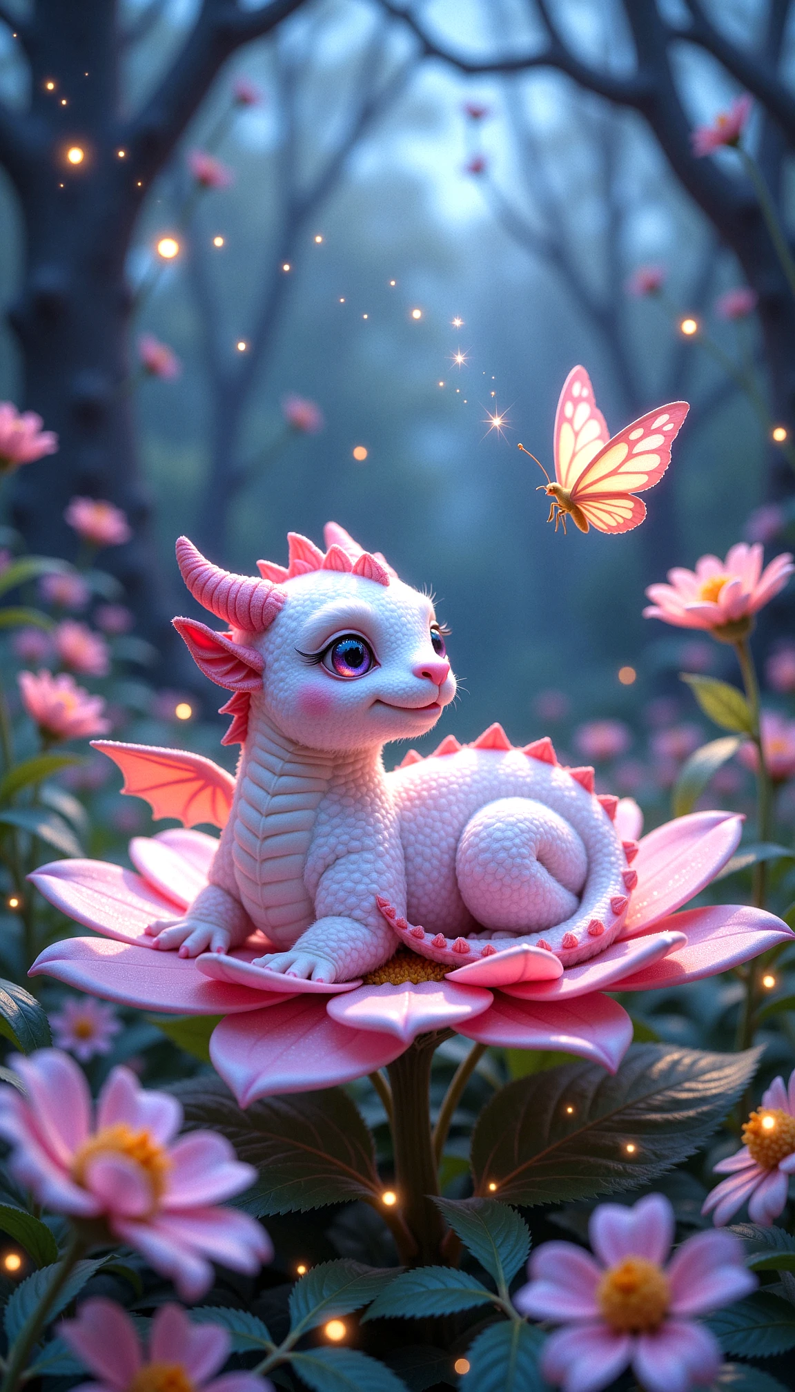 A small, fluffy dragon with shimmering pastel scales, curled up on a flower petal in a mystical garden. The garden glows softly under a twilight sky, with floating fireflies illuminating the scene. The dragon has tiny wings, big sparkling eyes, and looks up curiously at a hovering butterfly